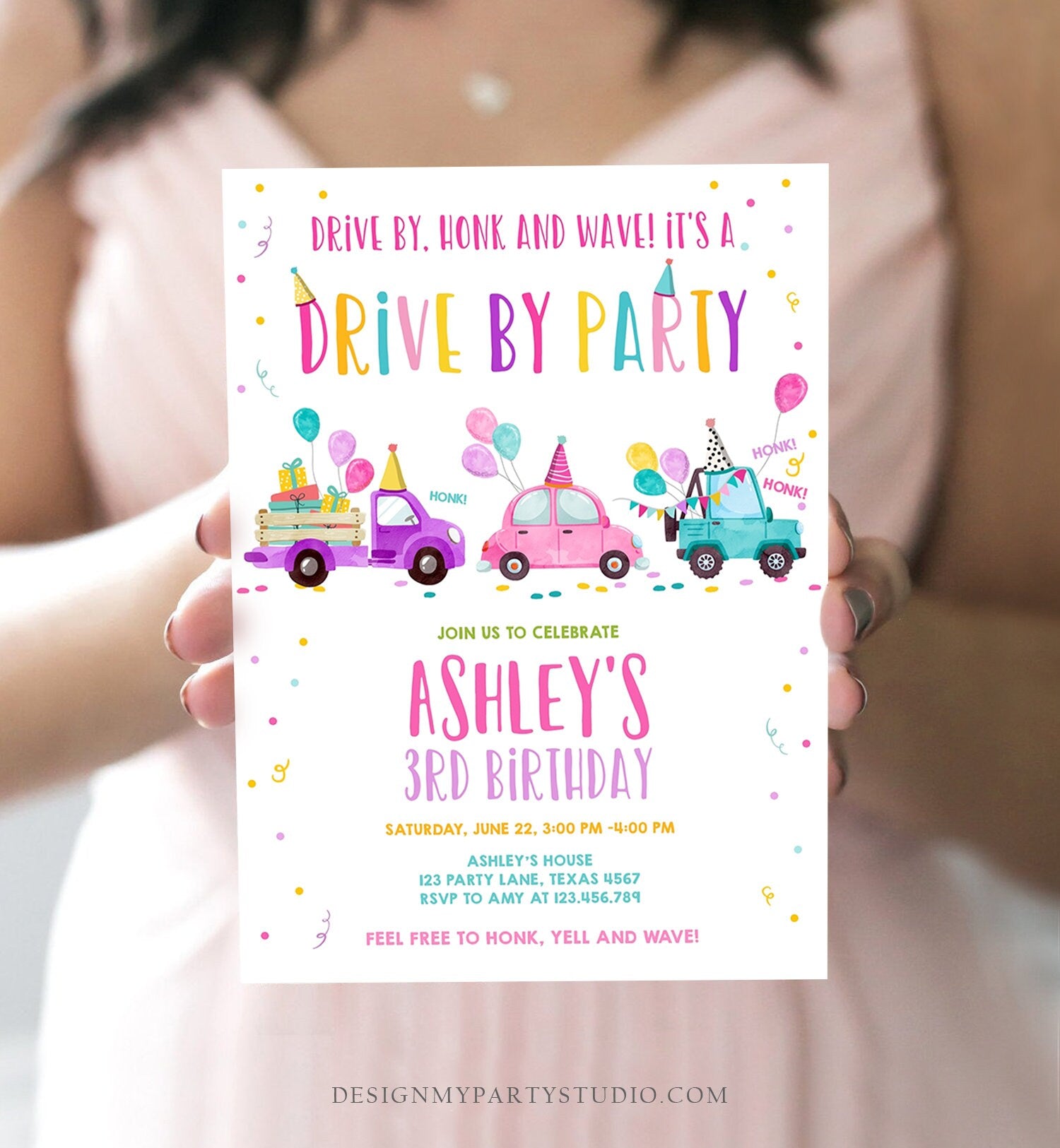 Editable Drive By Birthday Parade Invitation Virtual Party Invite Honk Wave Car Girl Pink Quarantine Instant Download Digital Corjl 0333