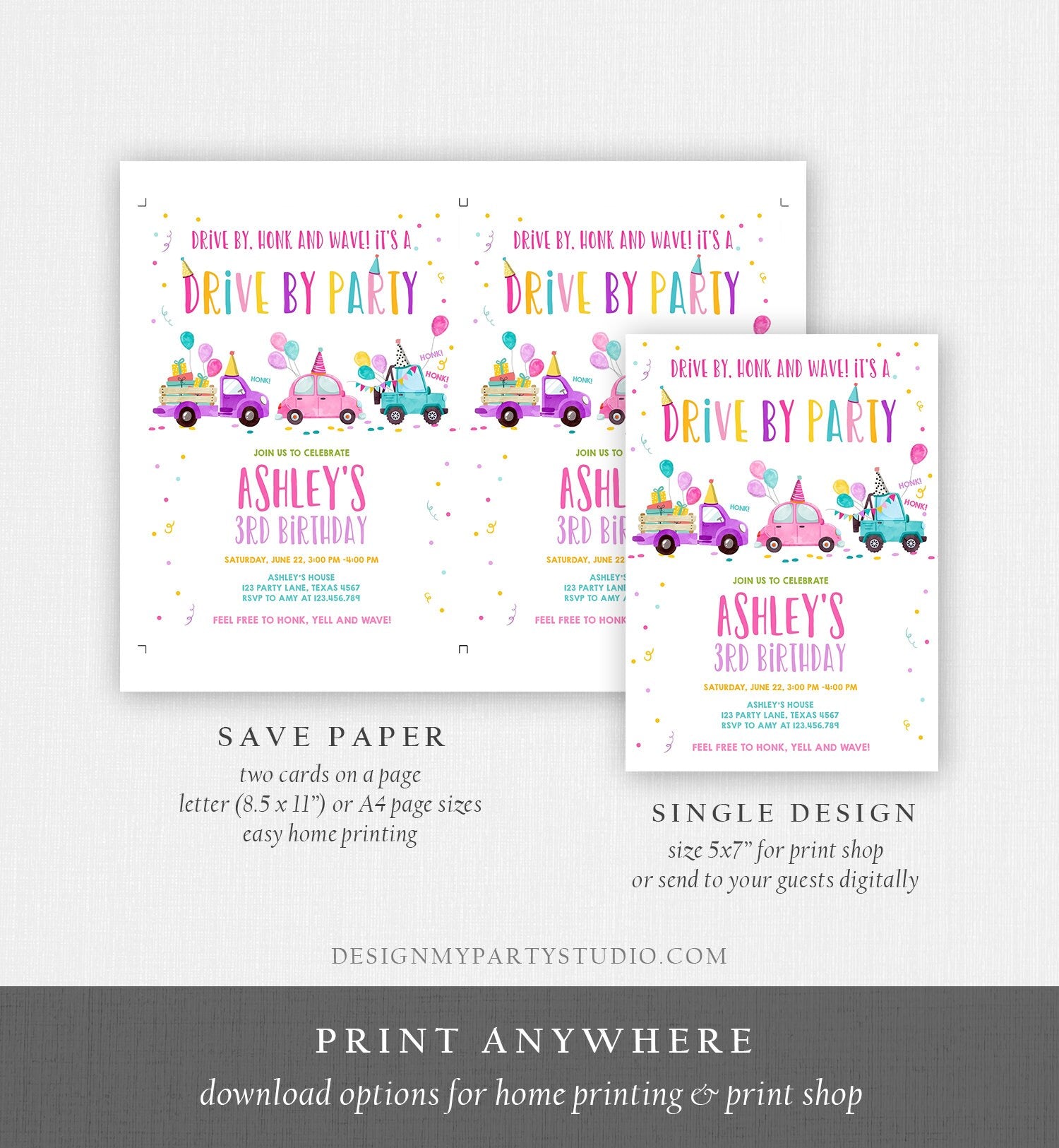 Editable Drive By Birthday Parade Invitation Virtual Party Invite Honk Wave Car Girl Pink Quarantine Instant Download Digital Corjl 0333