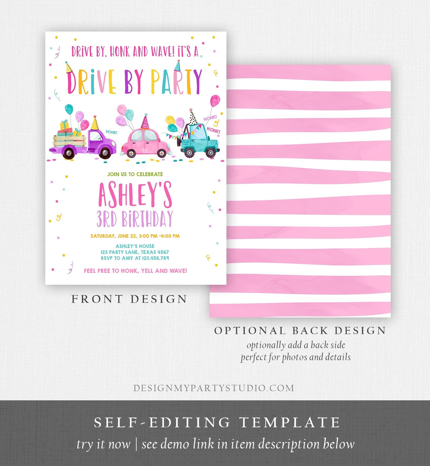 Editable Drive By Birthday Parade Invitation Virtual Party Invite Honk Wave Car Girl Pink Quarantine Instant Download Digital Corjl 0333