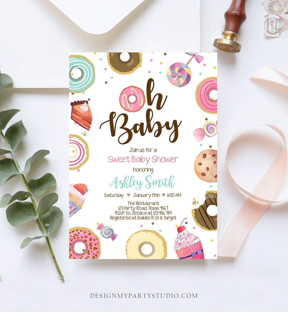 Editable Sweet Baby Shower Invitation Oh Baby Coed Shower Donut Candy Invite Sweet Shoppe Pink Girl Download Corjl Template Printable 0339