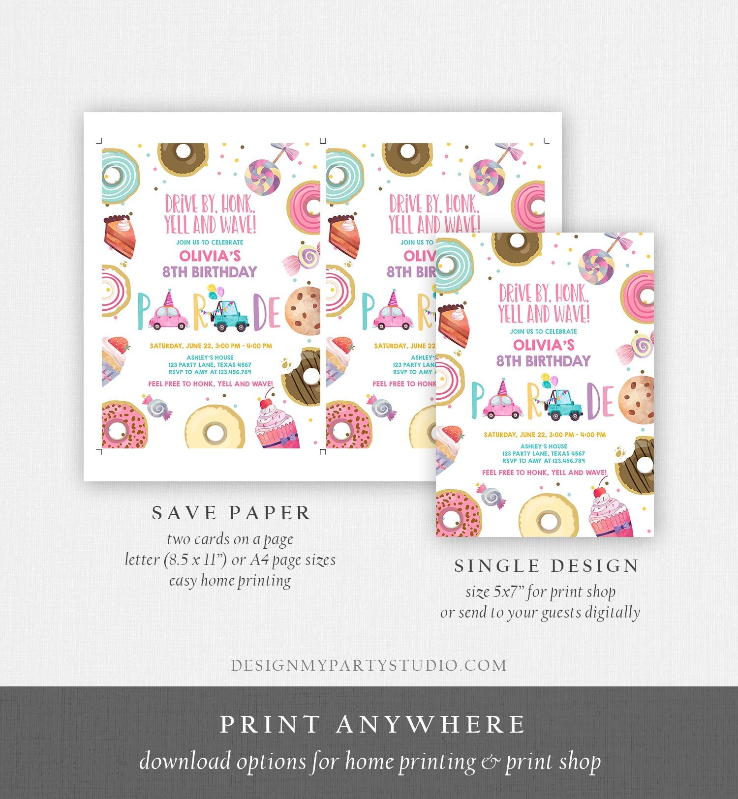 Editable Drive By Birthday Parade Invitation Virtual Party Invite Honk Wave Car Girl Pink Sweets Candy Instant Download Digital Corjl 0339