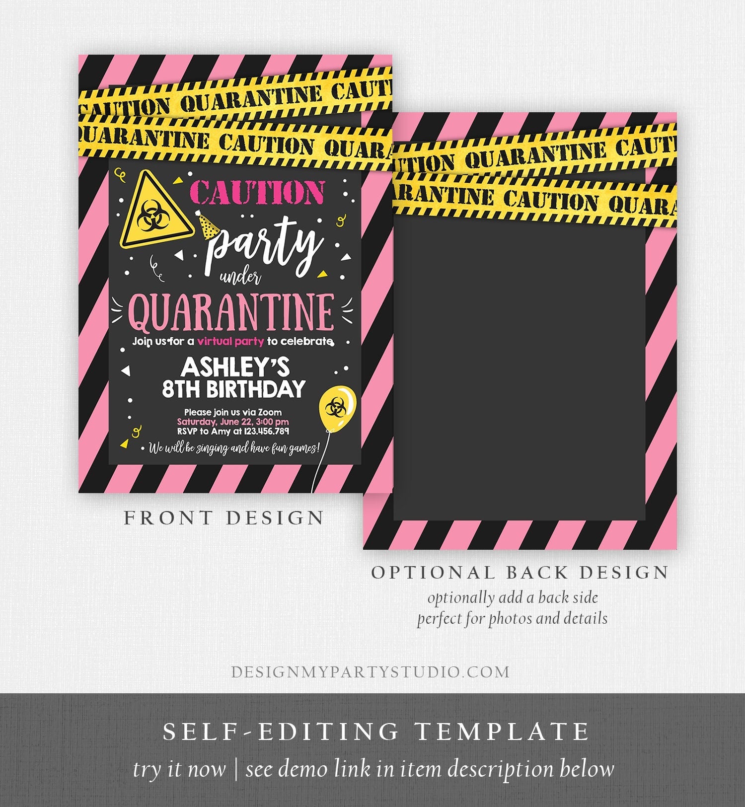 Editable Quarantine Birthday Invitation Virtual Party Quarantine Birthday Party Zoom Birthday Girl Pink Instant Download Digital Corjl 0334