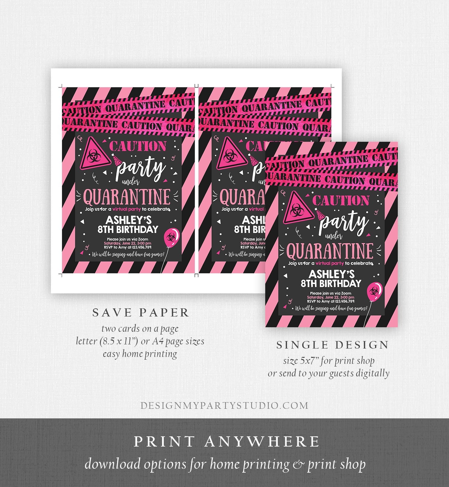 Editable Quarantine Birthday Invitation Virtual Party Quarantine Birthday Party Zoom Birthday Girl Pink Instant Download Digital Corjl 0334