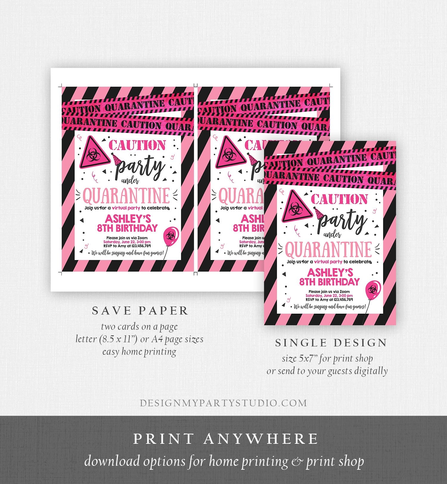 Editable Quarantine Birthday Invitation Virtual Party Quarantine Birthday Party Zoom Birthday Girl Pink Instant Download Digital Corjl 0334