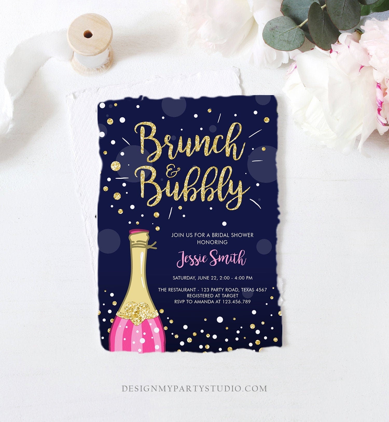 Editable Brunch and Bubbly Bridal Shower Invitation Floral Champagne Gold Pink Wedding Download Printable Template Digital Corjl 0051