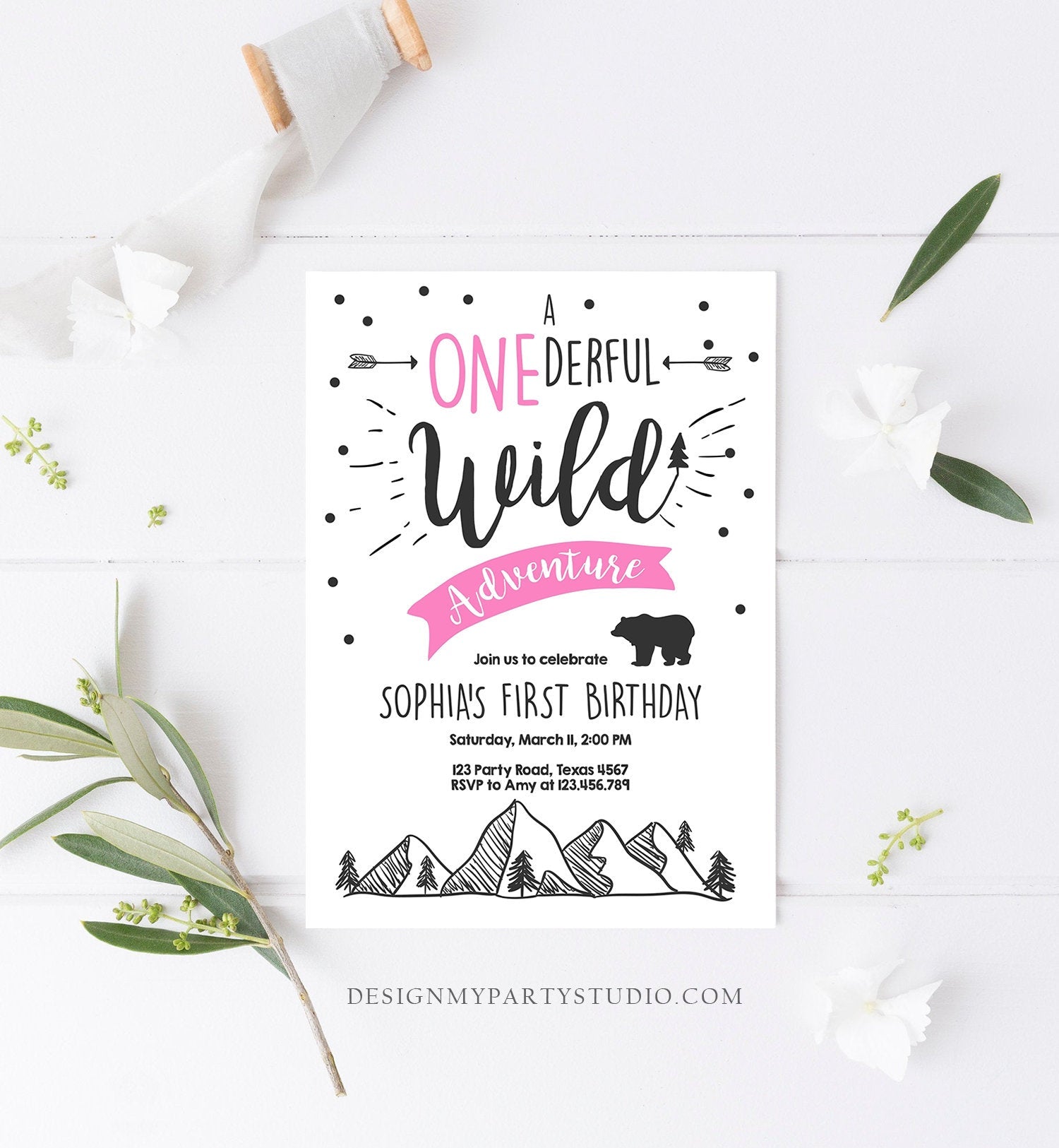 Editable A Onederful Wild Adventure First Birthday Invitation Wild Things Girl Pink Mountains Bear Lumberjack Woodland Corjl Template 0083