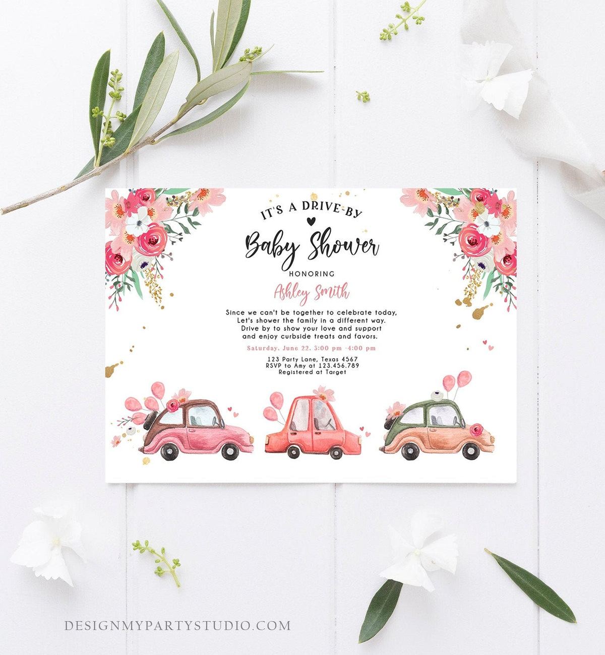 Editable Drive By Baby Shower Invitation Pink Girl Baby Shower Invite Quarantine Drive Through Floral Sprinkle Template Download Corjl 0335