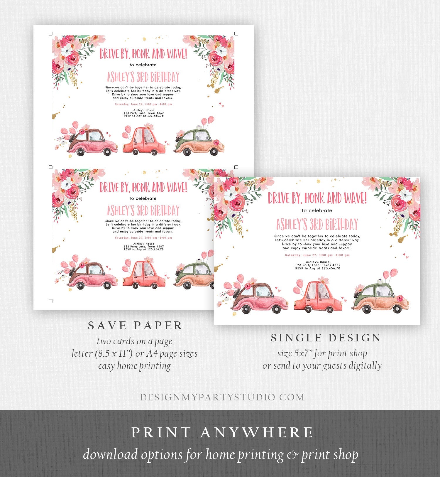 Editable Drive By Birthday Parade Invitation Virtual Party Invite Honk Wave Car Girl Pink Quarantine Drive Through Digital Corjl 0335