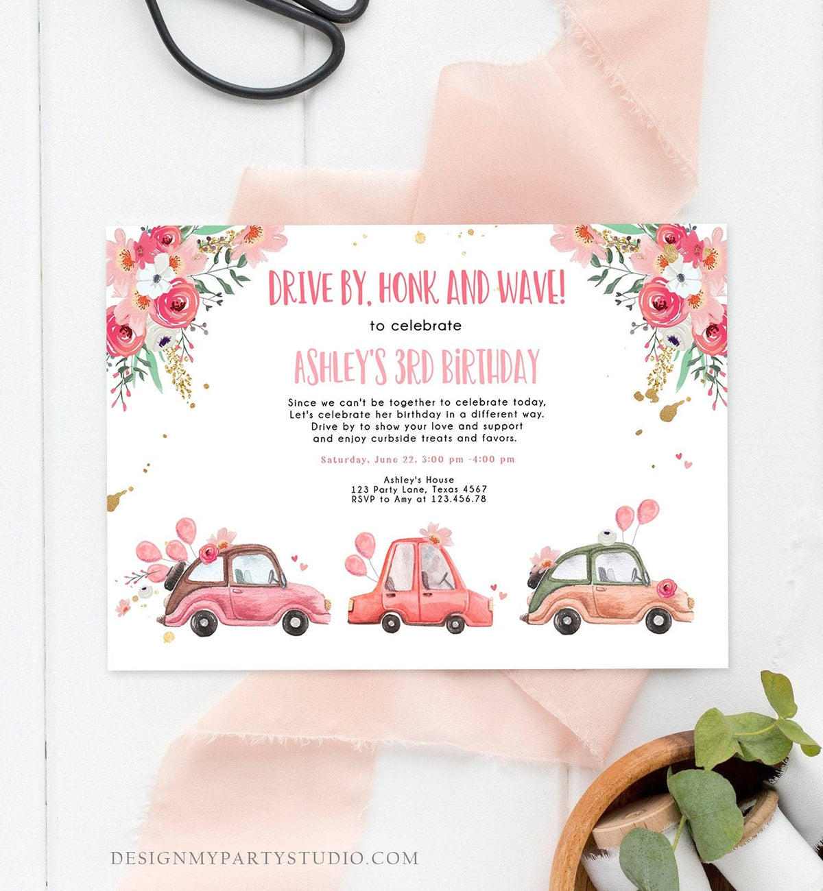 Editable Drive By Birthday Parade Invitation Virtual Party Invite Honk Wave Car Girl Pink Quarantine Drive Through Digital Corjl 0335