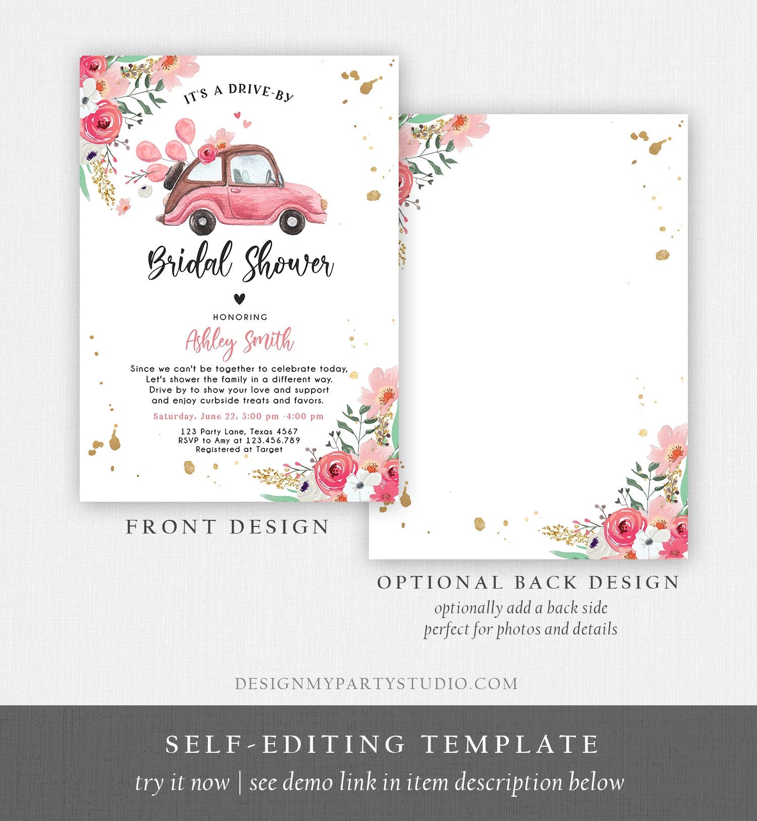 Editable Drive By Bridal Shower Invitation Couples Shower Invite Quarantine Drive Through Floral Wedding Shower Template Download Corjl 0335