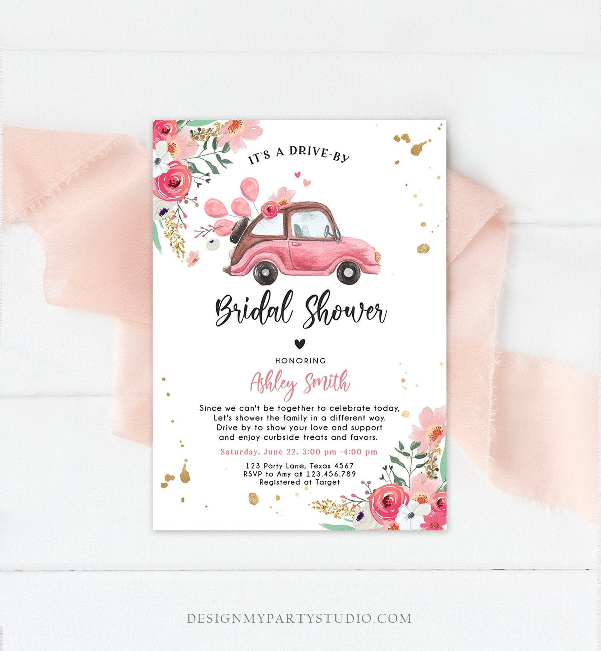 Editable Drive By Bridal Shower Invitation Couples Shower Invite Quarantine Drive Through Floral Wedding Shower Template Download Corjl 0335