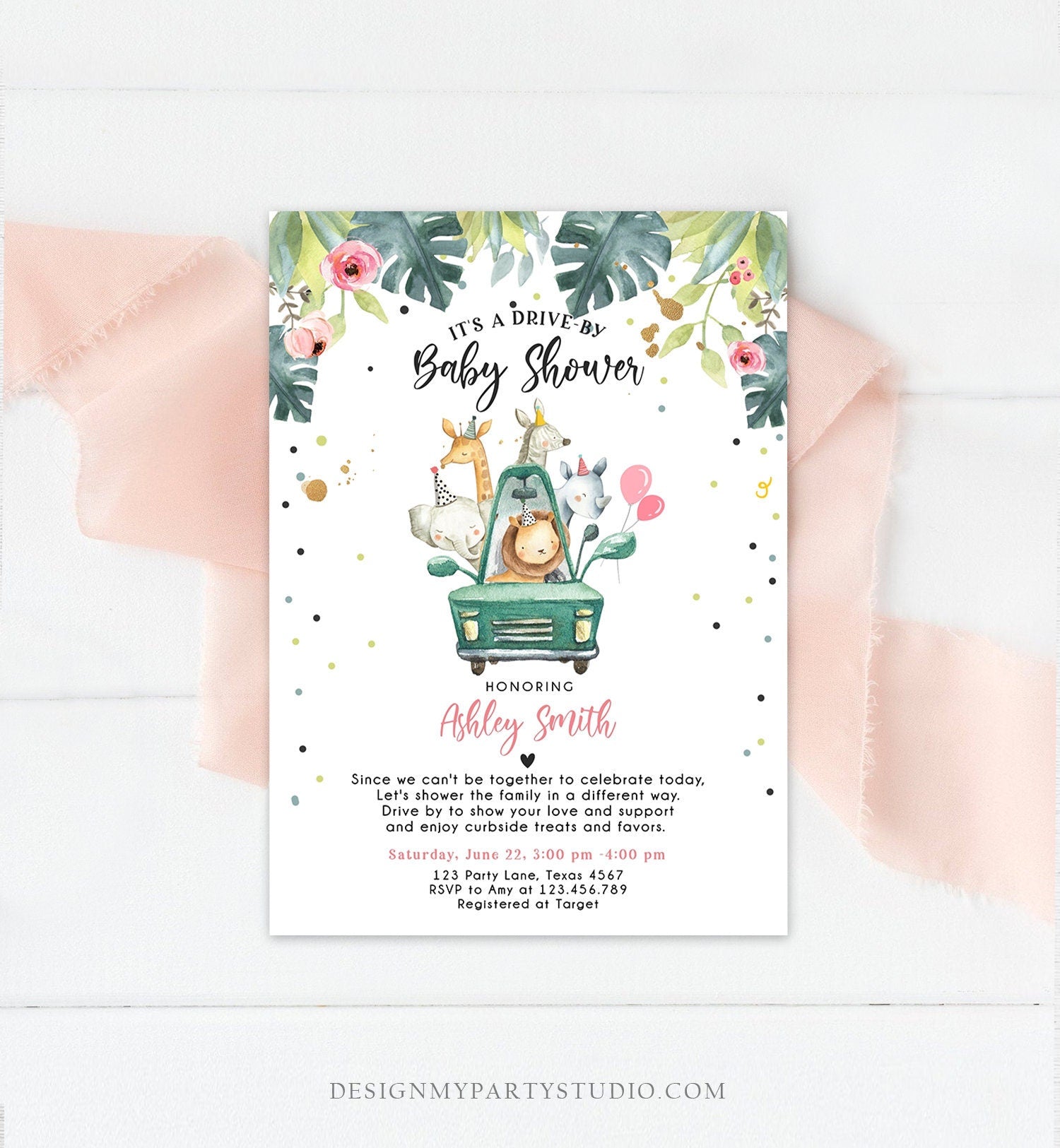 Editable Drive By Baby Shower Invitation Safari Animals Coed Shower Drive Through Quarantine Pink Girl Gold Template Download Corjl 0345