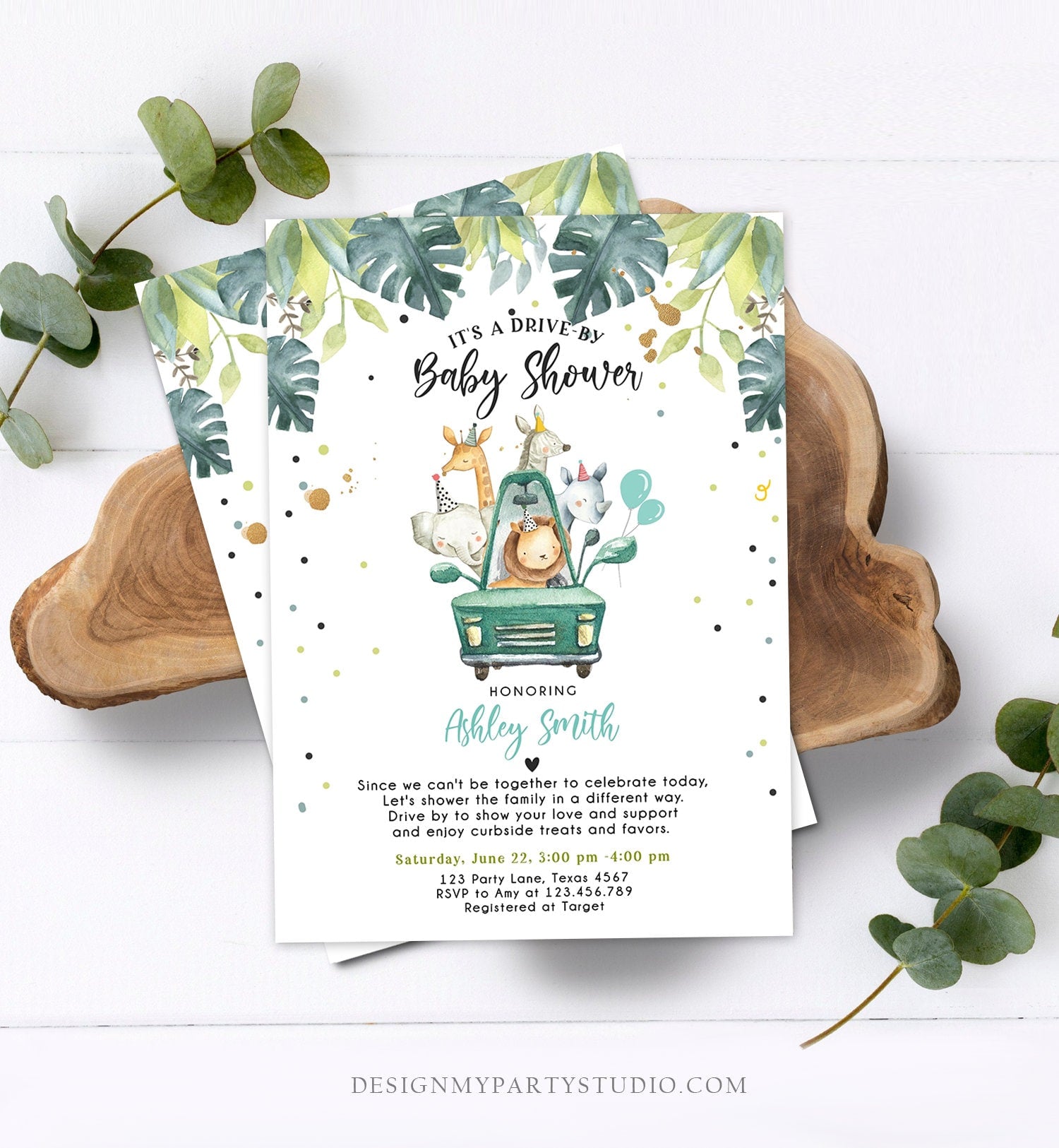 Editable Drive By Baby Shower Invitation Safari Animals Coed Shower Drive Through Quarantine Blue Boy Sprinkle Template Download Corjl 0345