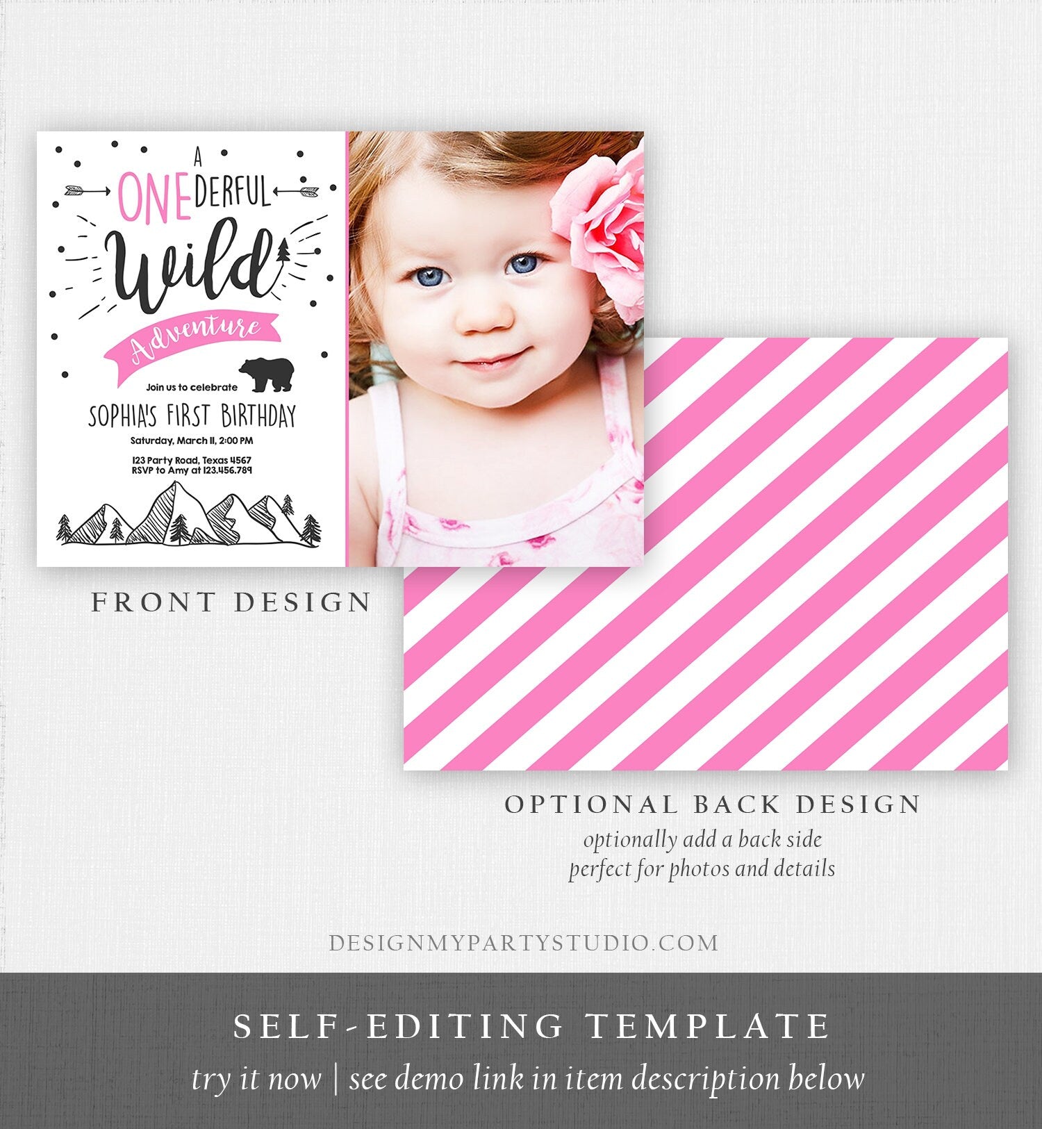 Editable A Onederful Wild Adventure First Birthday Invitation Wild Things Girl Pink Mountains Bear Lumberjack Woodland Corjl Template 0083