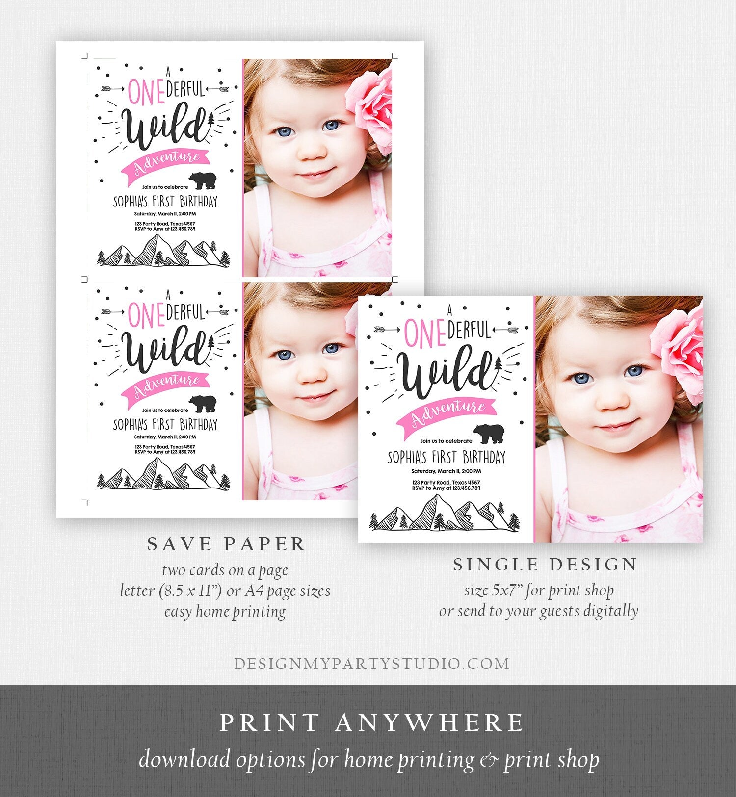 Editable A Onederful Wild Adventure First Birthday Invitation Wild Things Girl Pink Mountains Bear Lumberjack Woodland Corjl Template 0083