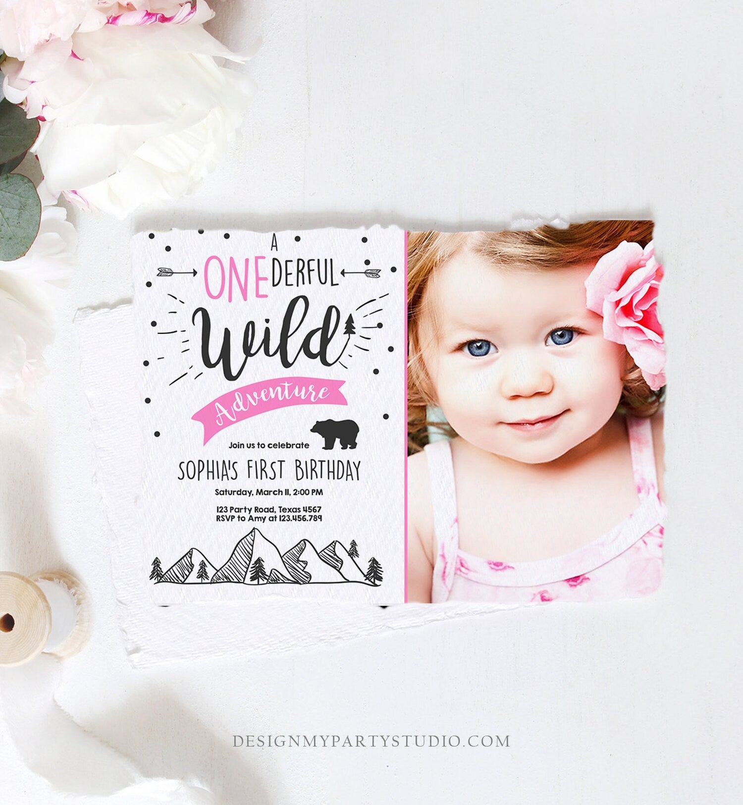 Editable A Onederful Wild Adventure First Birthday Invitation Wild Things Girl Pink Mountains Bear Lumberjack Woodland Corjl Template 0083