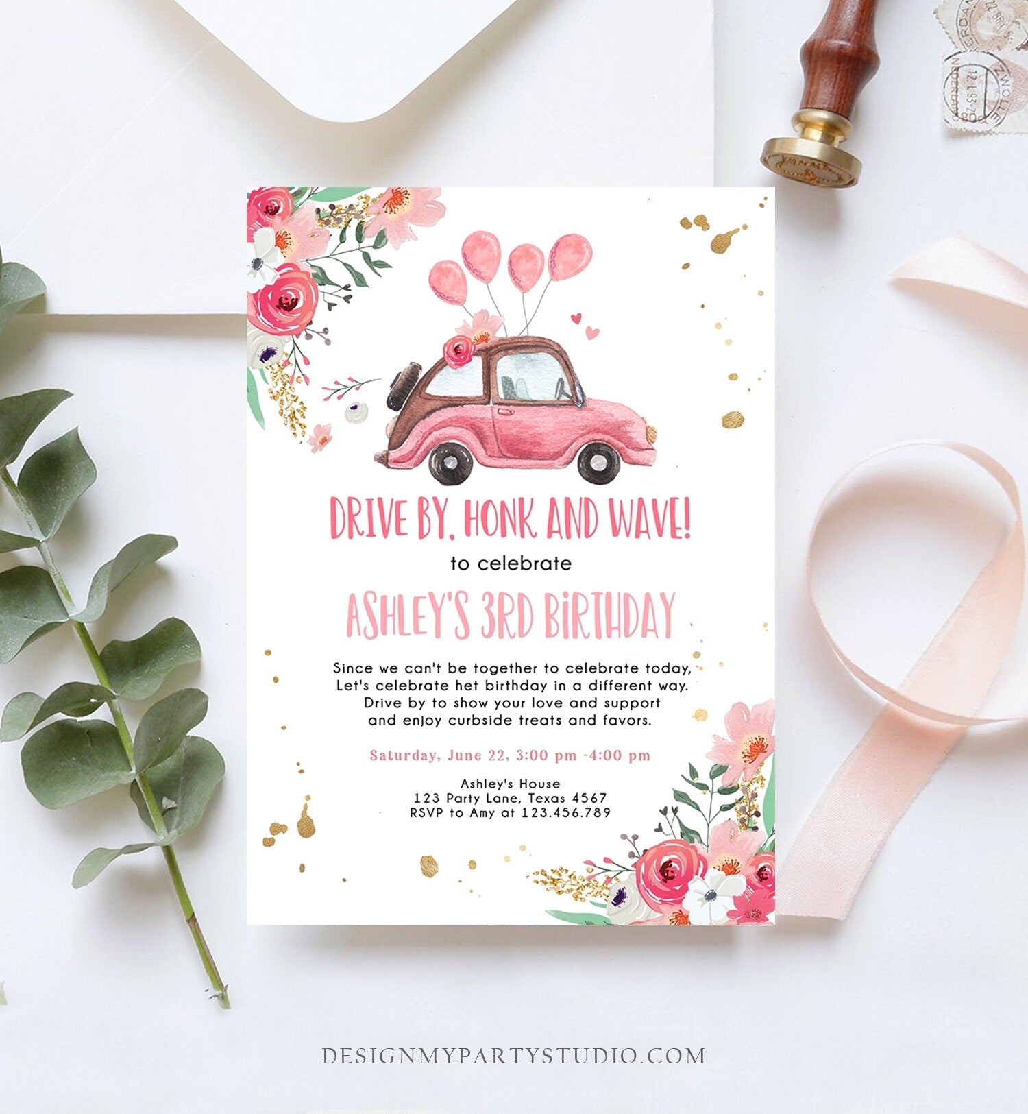 Editable Drive By Birthday Parade Invitation Virtual Party Invite Honk Wave Car Girl Pink Quarantine Instant Download Digital Corjl 0335