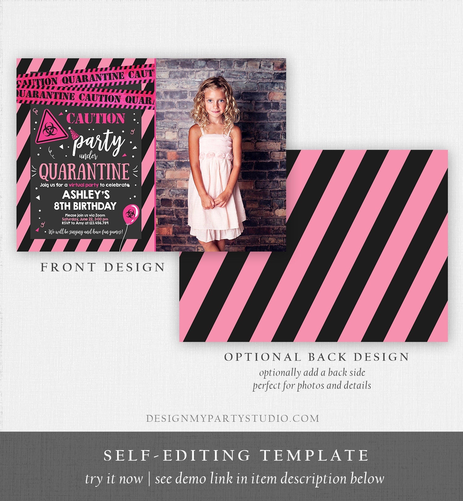 Editable Quarantine Birthday Invitation Virtual Party Quarantine Party Zoom Girl Pink No One Invited Hangout Corjl Template Printable 0334