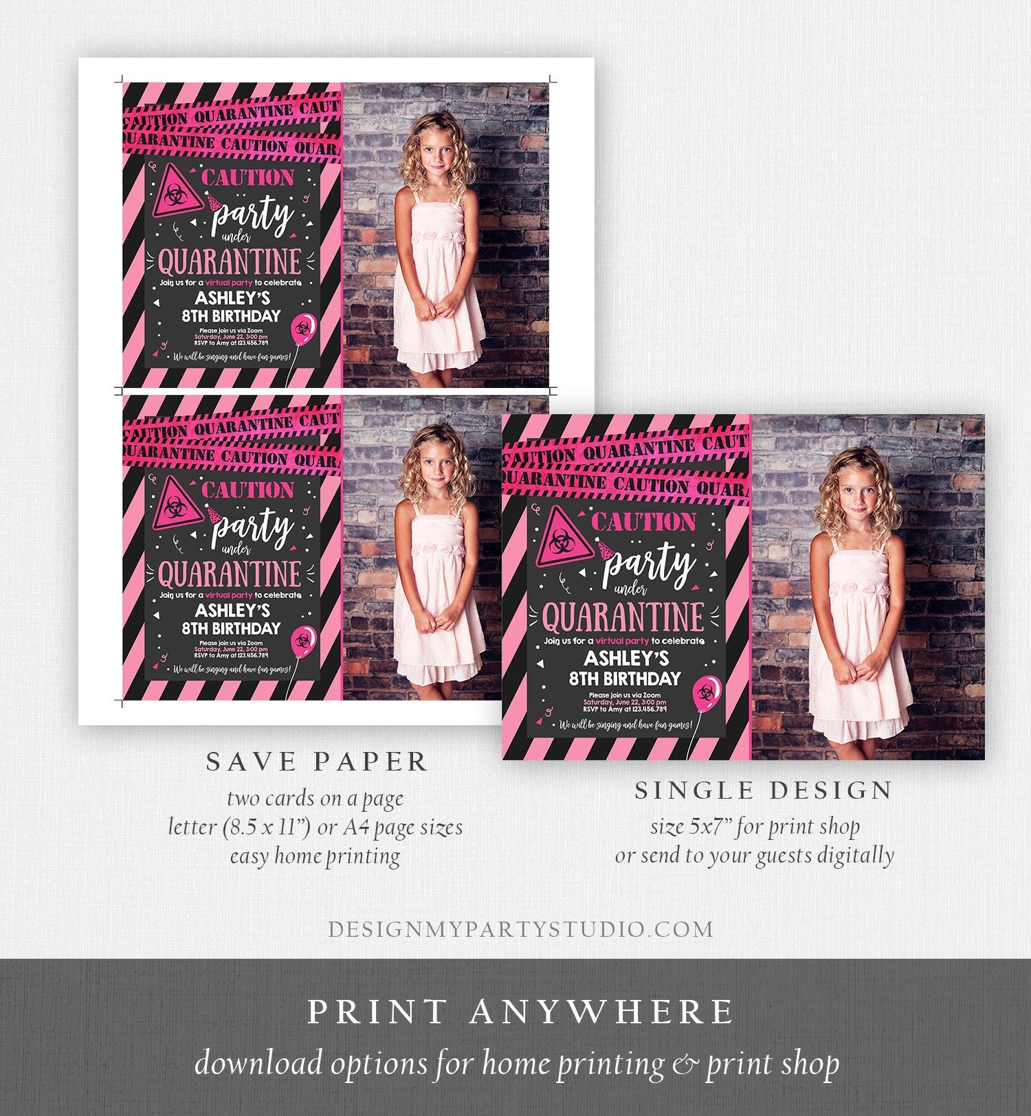 Editable Quarantine Birthday Invitation Virtual Party Quarantine Party Zoom Girl Pink No One Invited Hangout Corjl Template Printable 0334