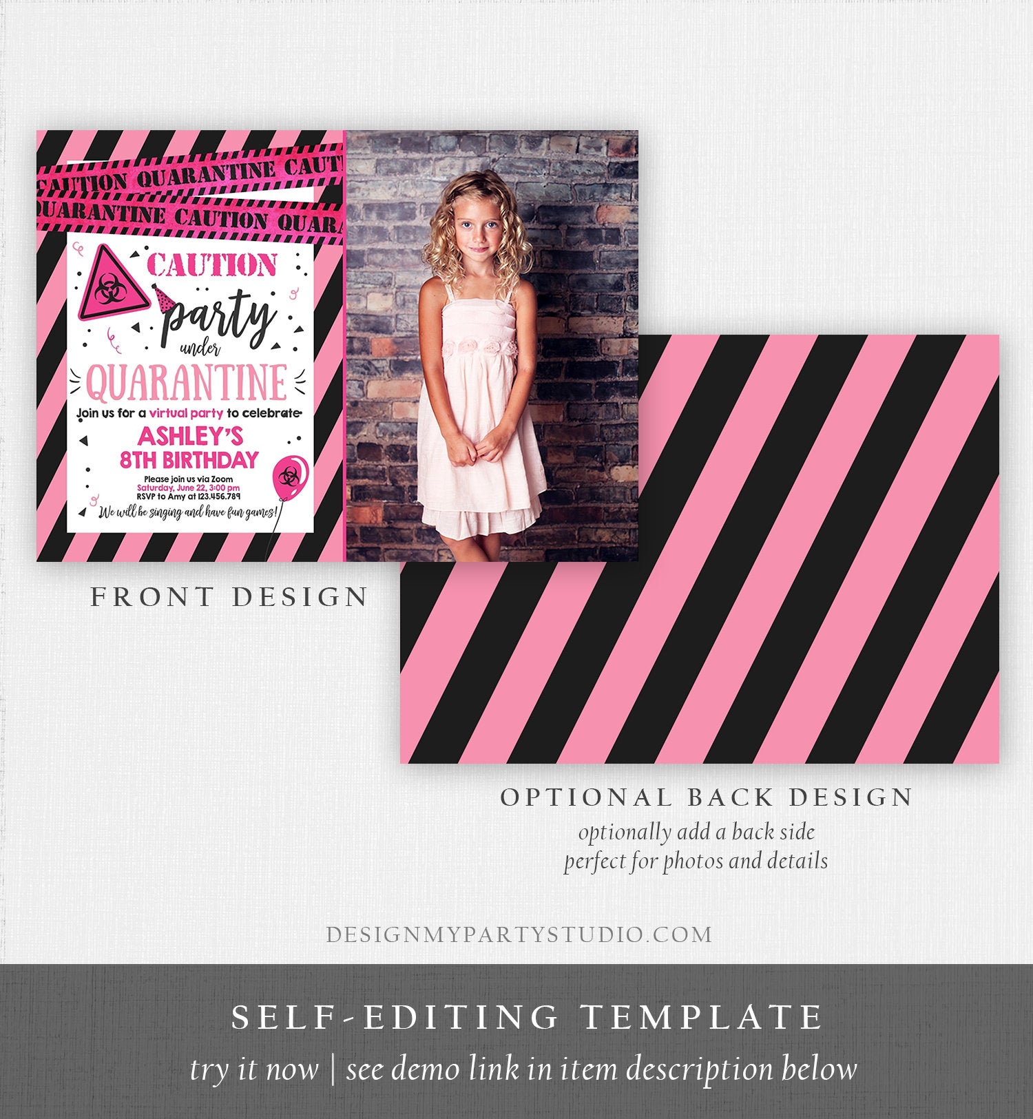 Editable Quarantine Birthday Invitation Virtual Party Quarantine Party Zoom Girl Pink No One Invited Hangout Corjl Template Printable 0334