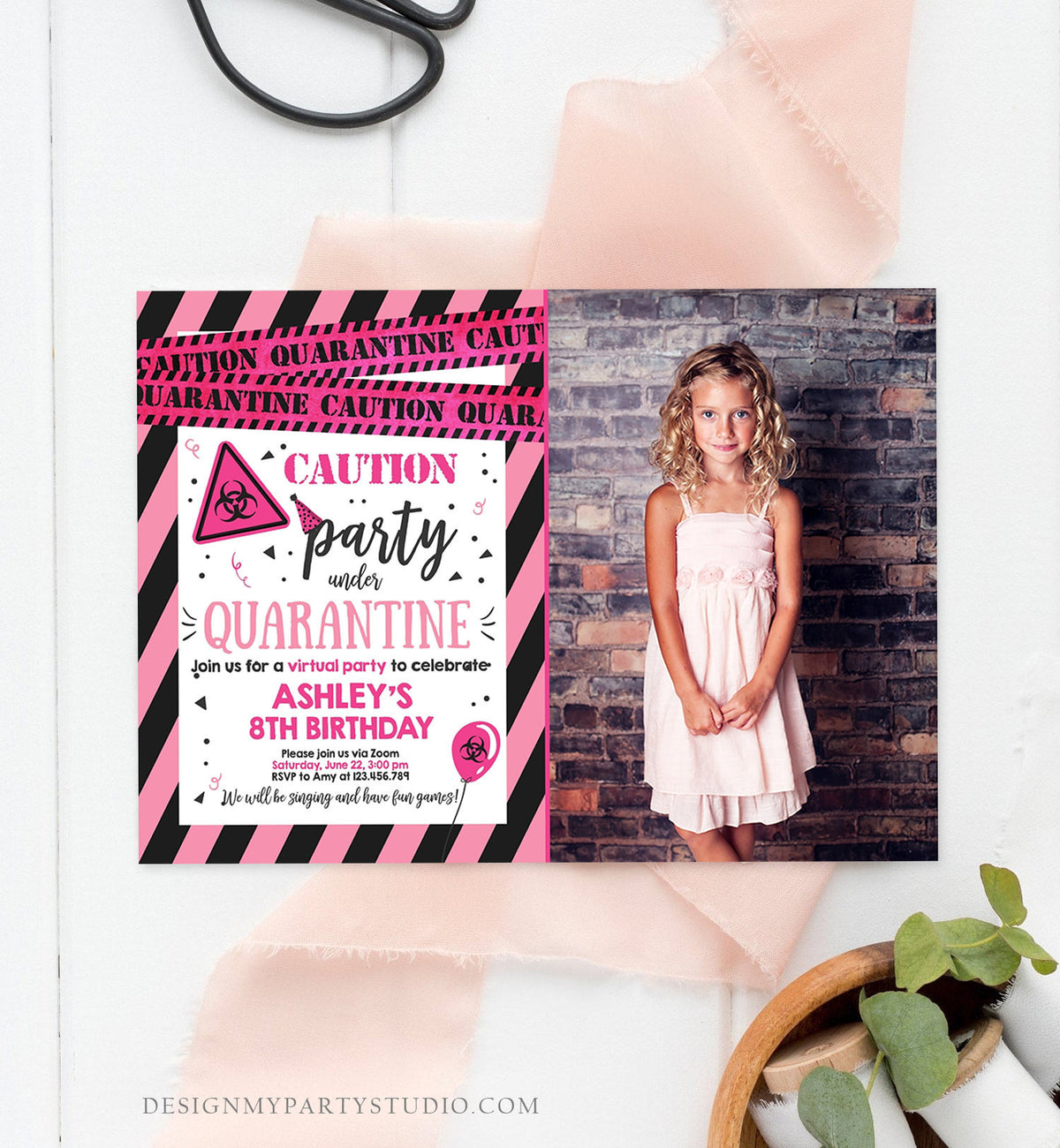 Editable Quarantine Birthday Invitation Virtual Party Quarantine Party Zoom Girl Pink No One Invited Hangout Corjl Template Printable 0334