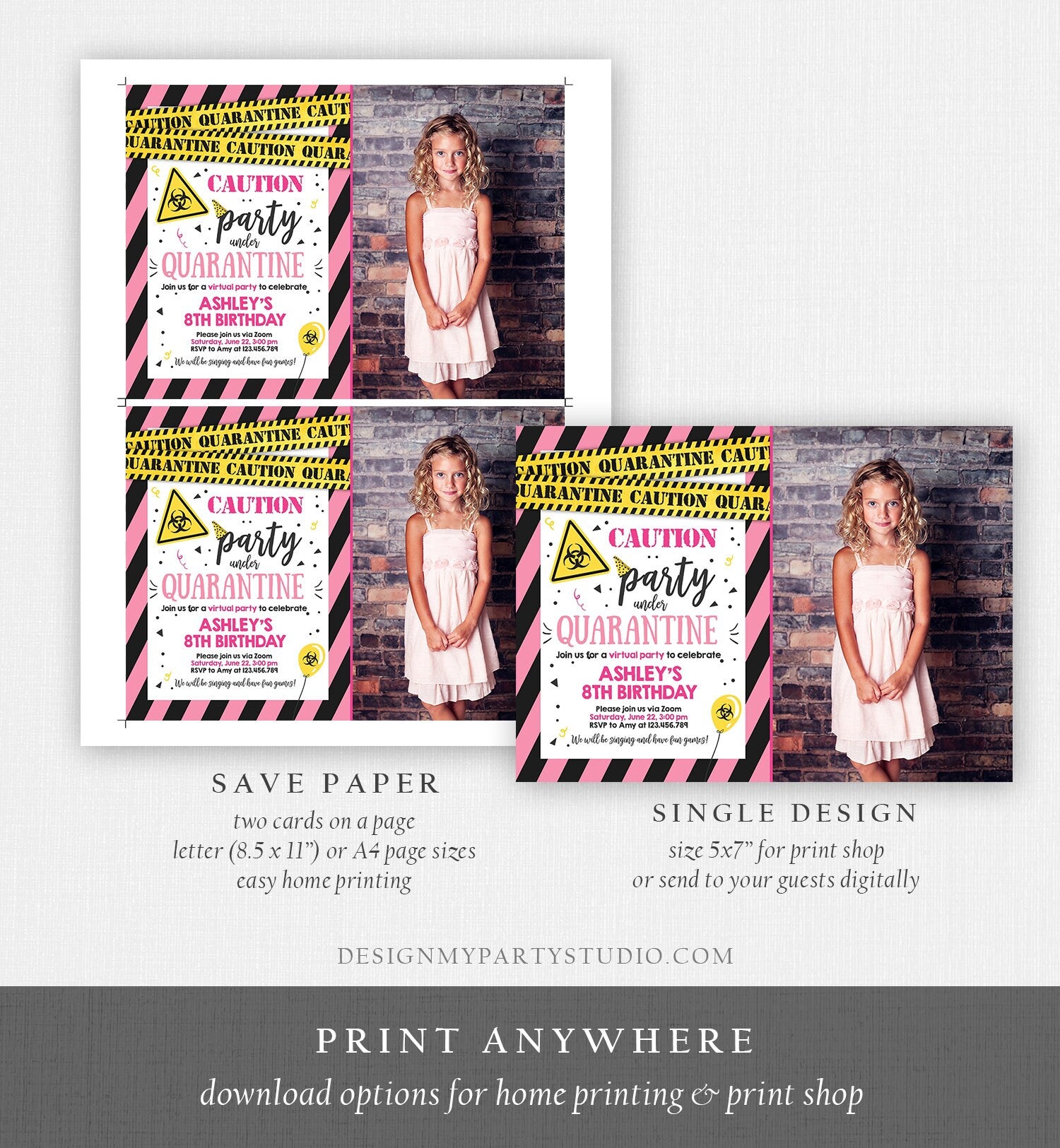 Editable Quarantine Birthday Invitation Virtual Party Quarantine Party Zoom Girl Pink No One Invited Hangout Corjl Template Printable 0334