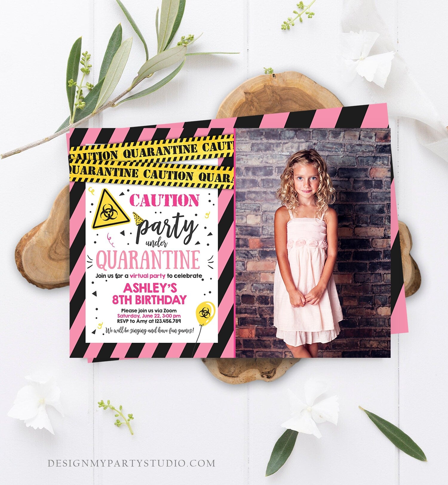 Editable Quarantine Birthday Invitation Virtual Party Quarantine Party Zoom Girl Pink No One Invited Hangout Corjl Template Printable 0334