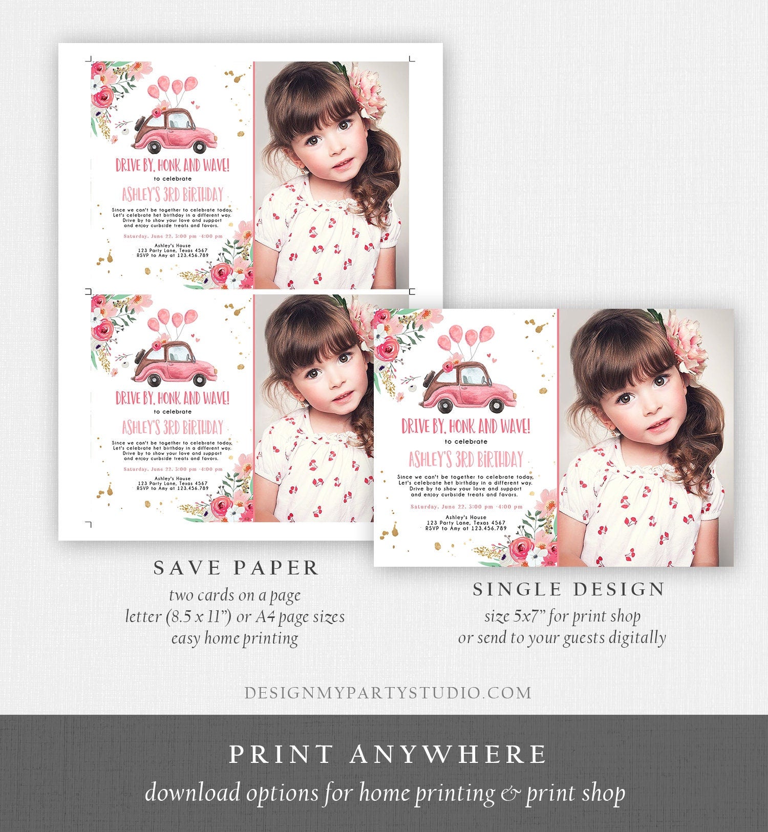 Editable Drive By Birthday Parade Invitation Virtual Party Honk Wave Girl Pink Car Quarantine No One Invited Digital Corjl Template 0335