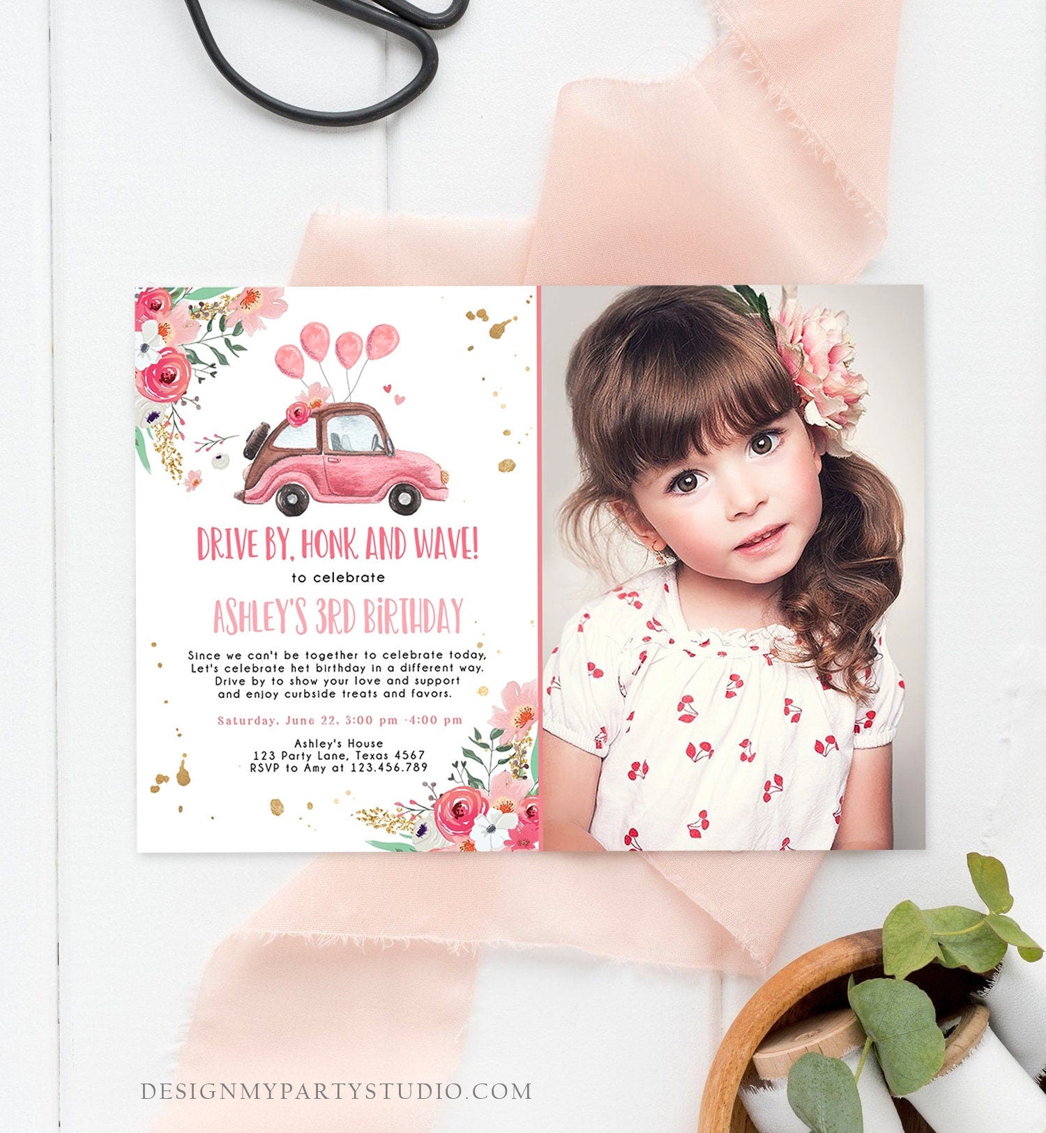 Editable Drive By Birthday Parade Invitation Virtual Party Honk Wave Girl Pink Car Quarantine No One Invited Digital Corjl Template 0335