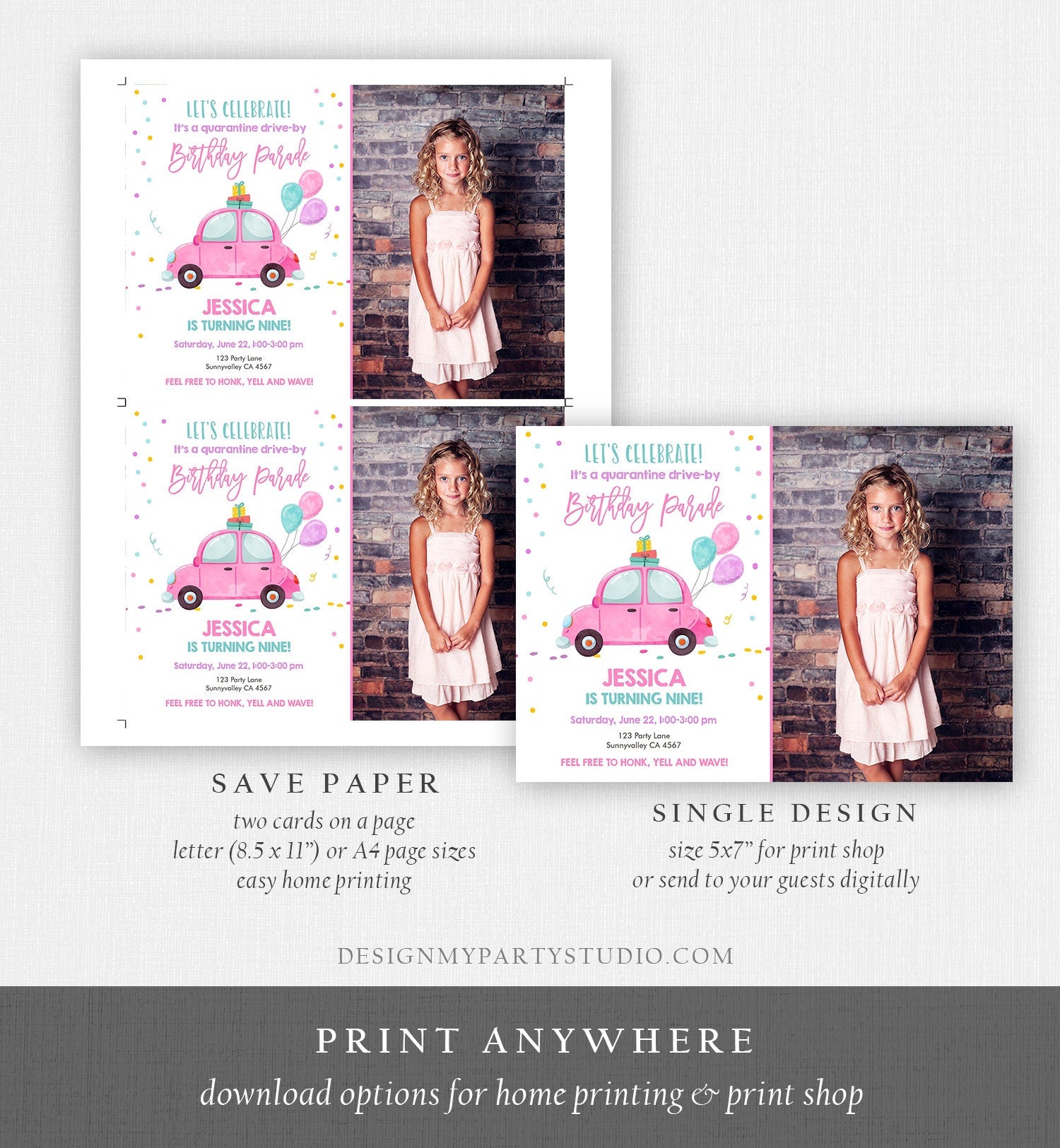 Editable Drive By Birthday Parade Invitation Virtual Birthday Party Invite Girl Pink Car Kid Quarantine Download Digital Corjl Template 0333