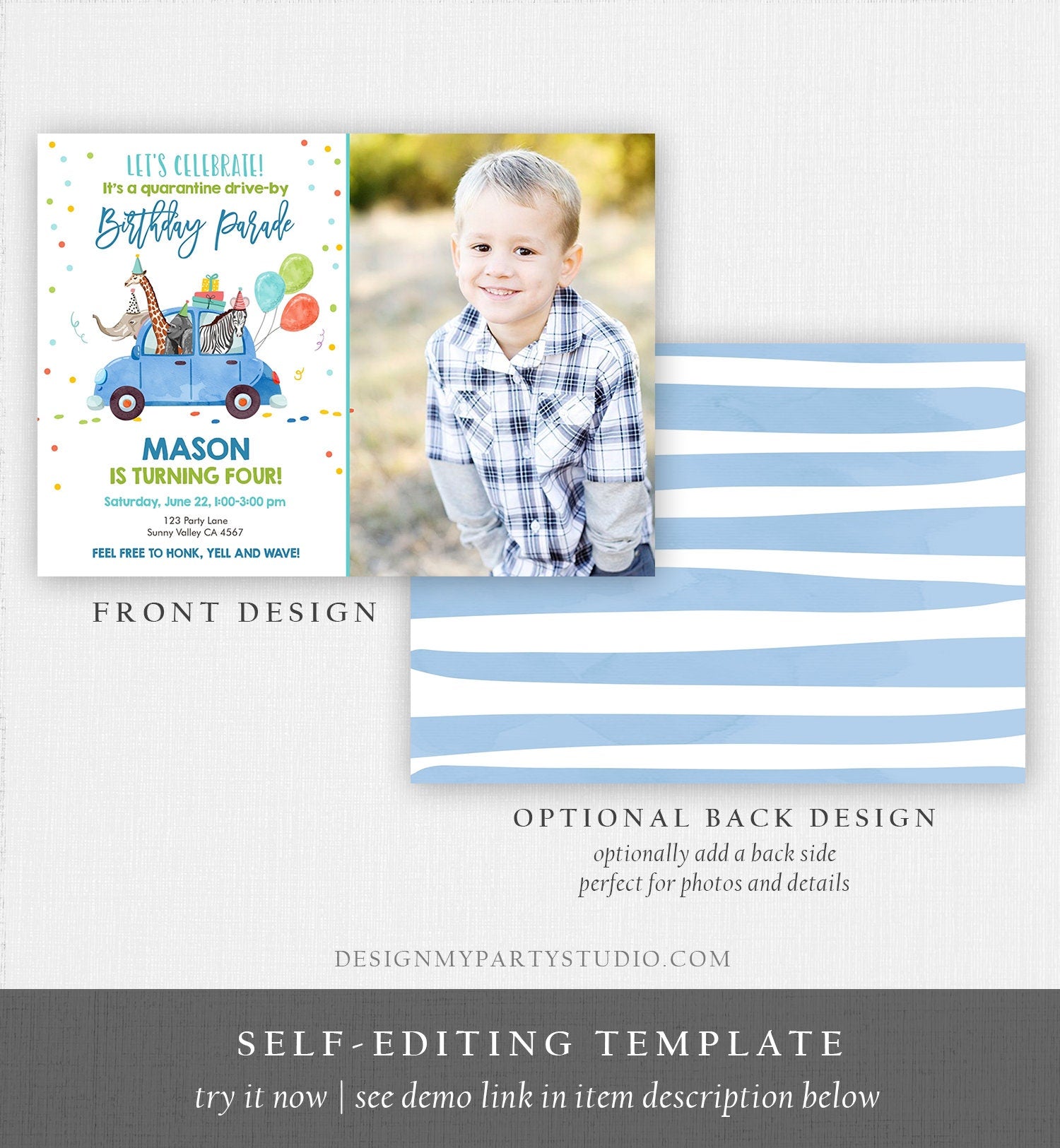 Editable Drive By Birthday Parade Invitation Virtual Party Invite Honk Wave Boy Blue Car Party Animals Instant Download Digital Corjl 0333