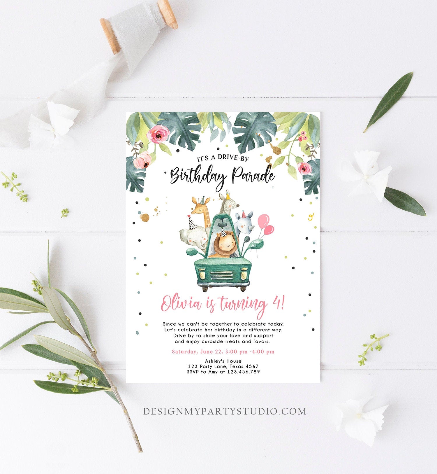 Editable Drive By Birthday Invitation Safari Animals Party Animals Drive Through Quarantine Pink Girl Car Download Corjl Template 0345