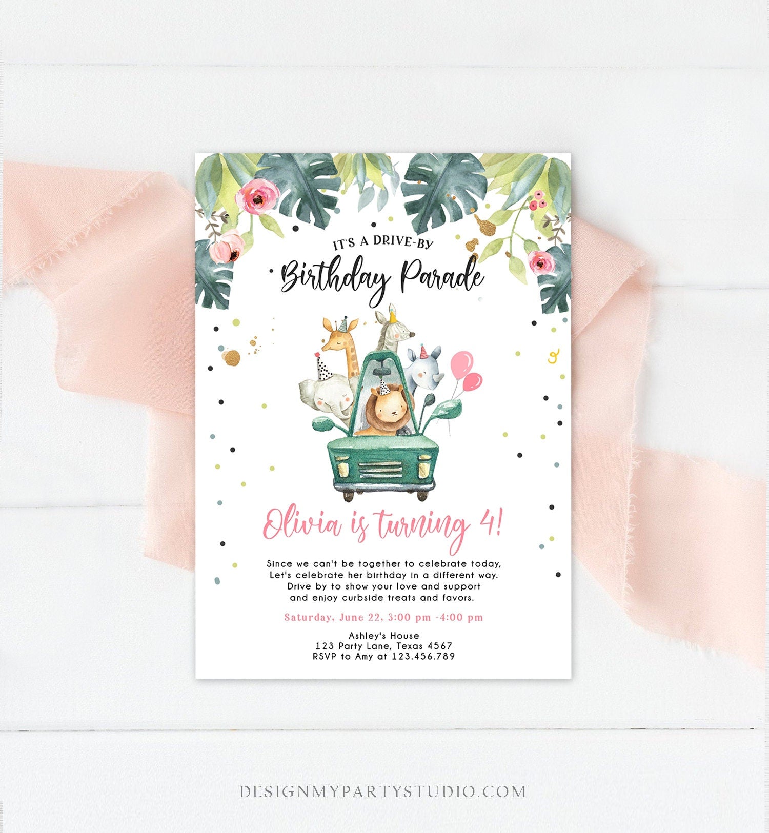 Editable Drive By Birthday Invitation Safari Animals Party Animals Drive Through Quarantine Pink Girl Car Download Corjl Template 0345