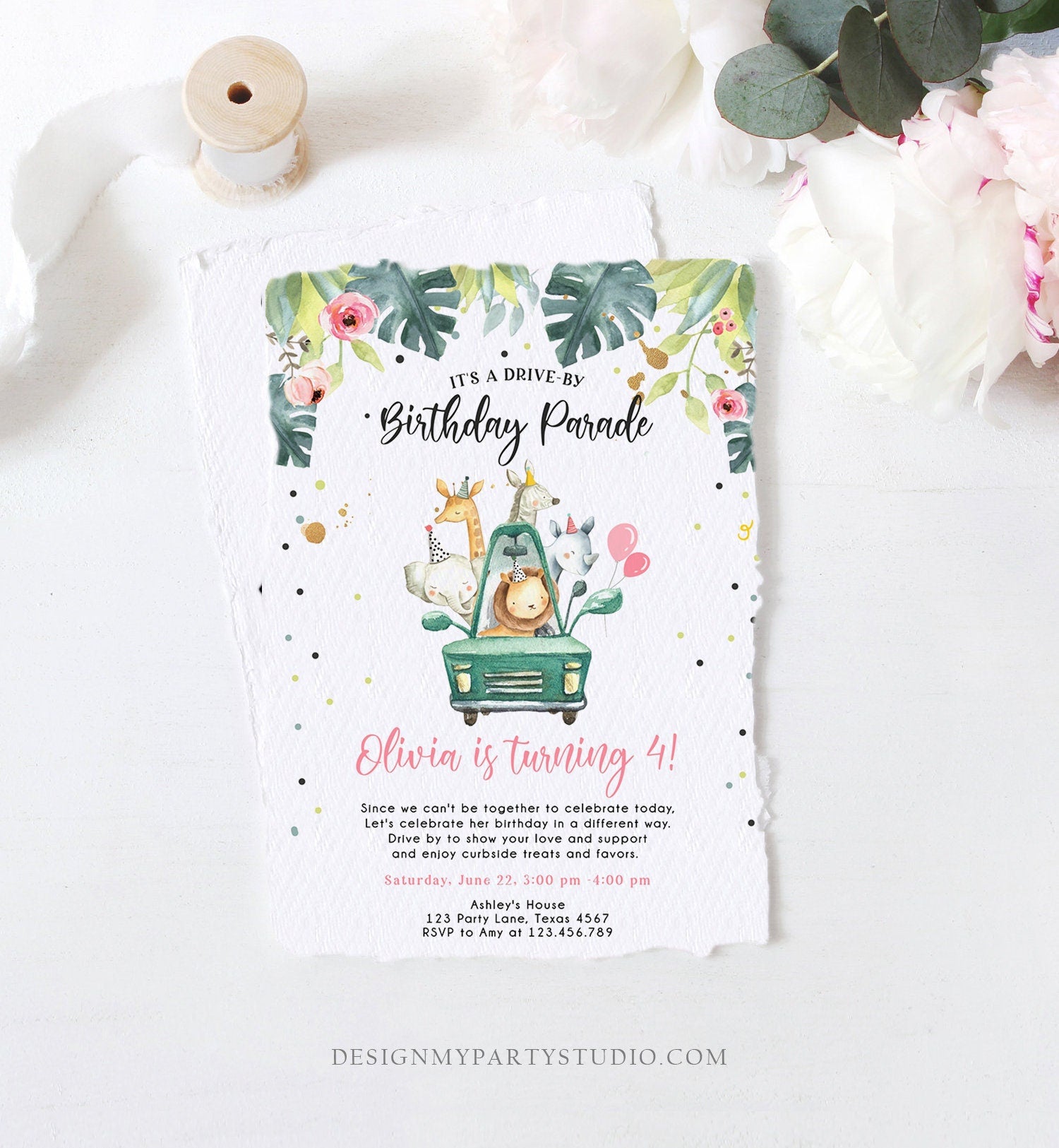 Editable Drive By Birthday Invitation Safari Animals Party Animals Drive Through Quarantine Pink Girl Car Download Corjl Template 0345