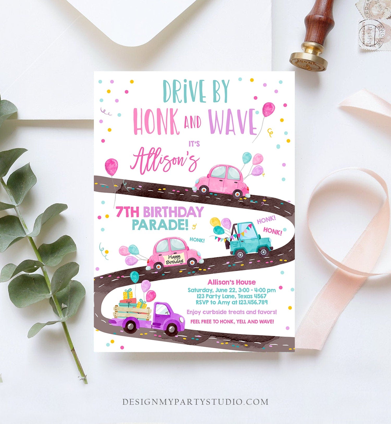 Editable Drive By Birthday Parade Invitation Virtual Party Invite Honk Wave Car Girl Pink Quarantine Instant Download Digital Corjl 0333