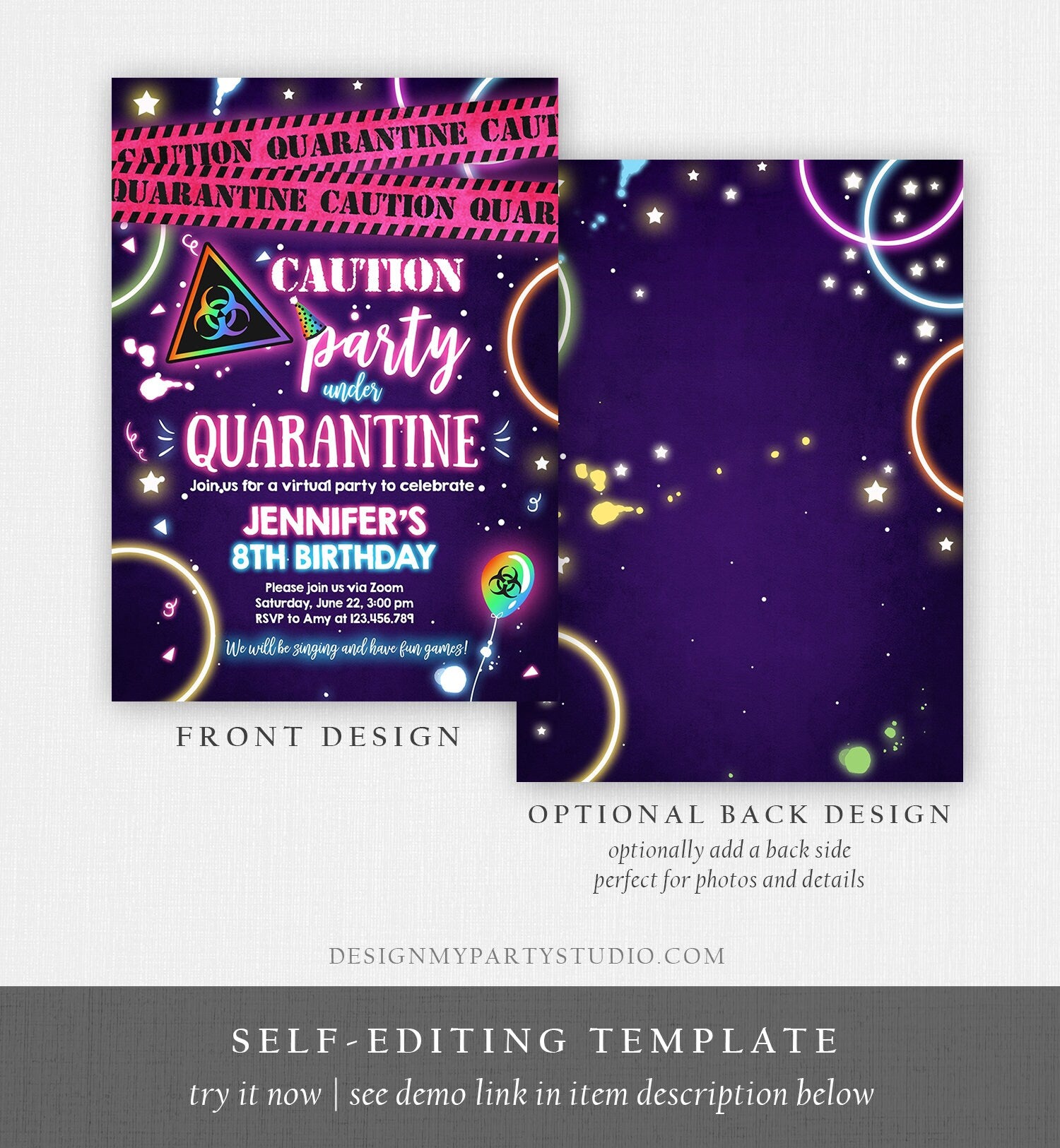 Editable Quarantine Birthday Invitation Virtual Party Quarantine Party Zoom Girl Pink No One Invited Hangout Corjl Template Printable 0334