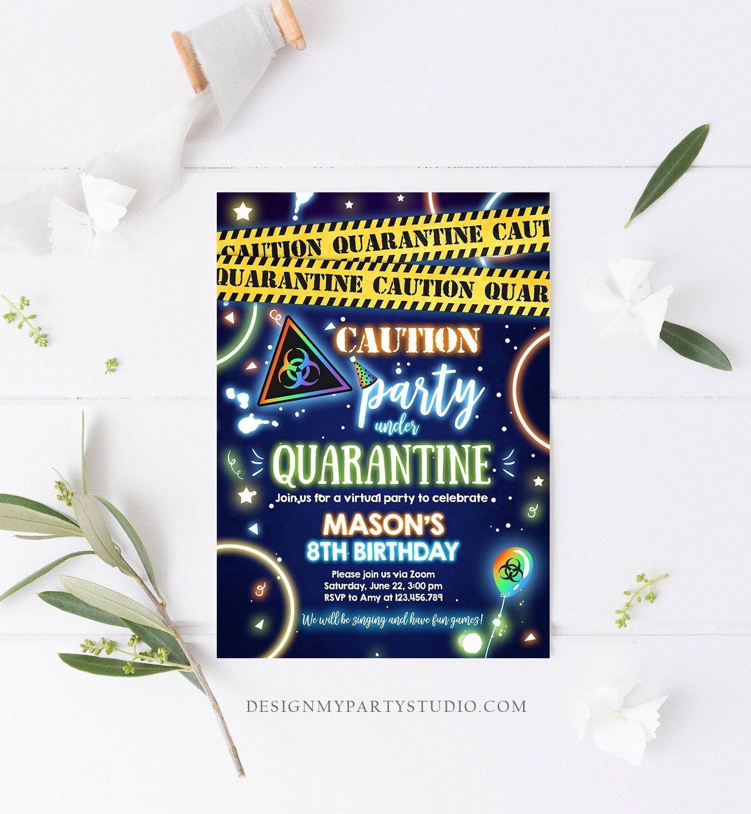 Editable Quarantine Birthday Invitation Virtual Party Quarantine Party Zoom Blue Boy No One Invited Hangout Corjl Template Printable 0334