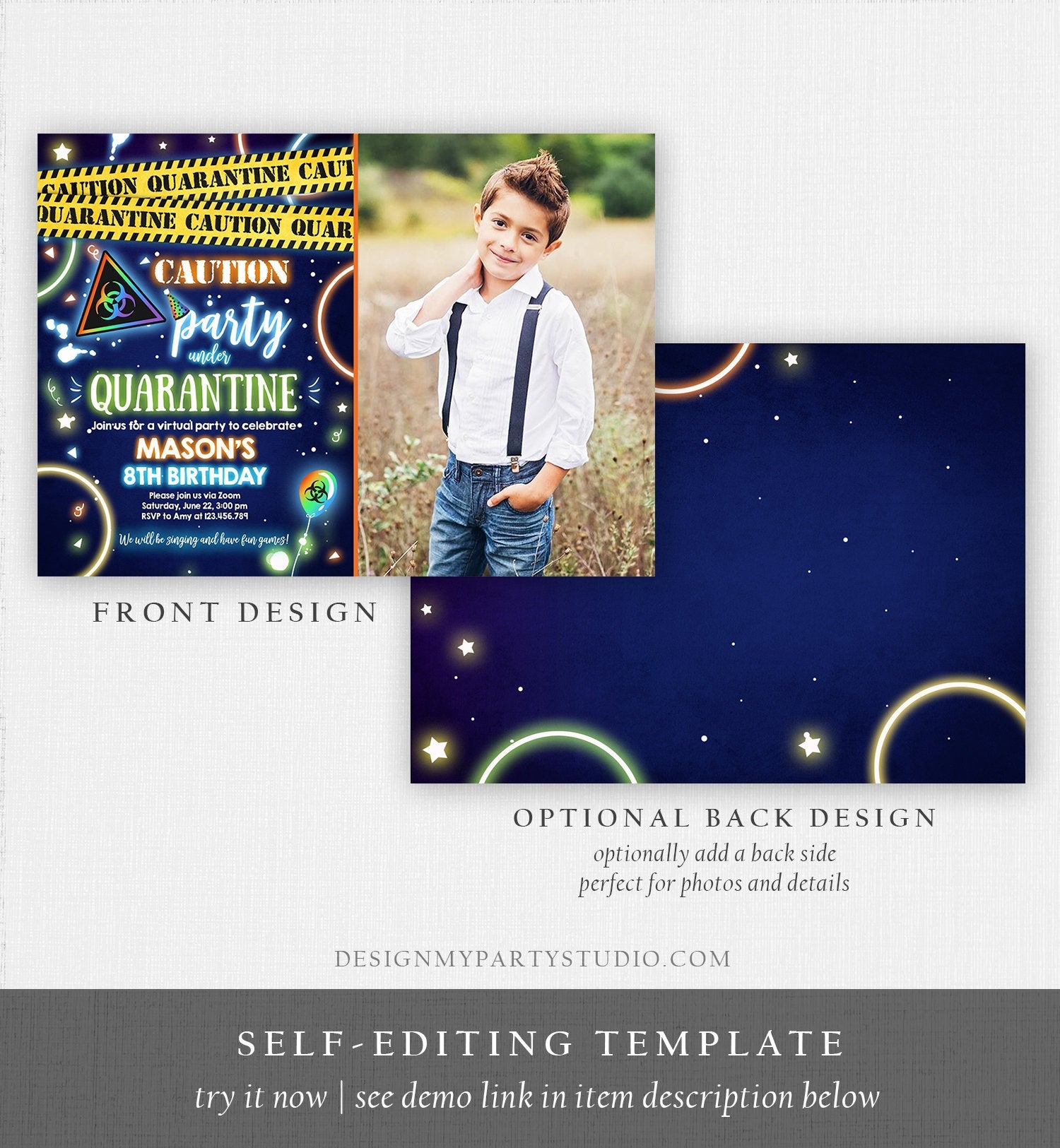 Editable Quarantine Birthday Invitation Virtual Party Quarantine Party Zoom Blue Boy No One Invited Hangout Corjl Template Printable 0334