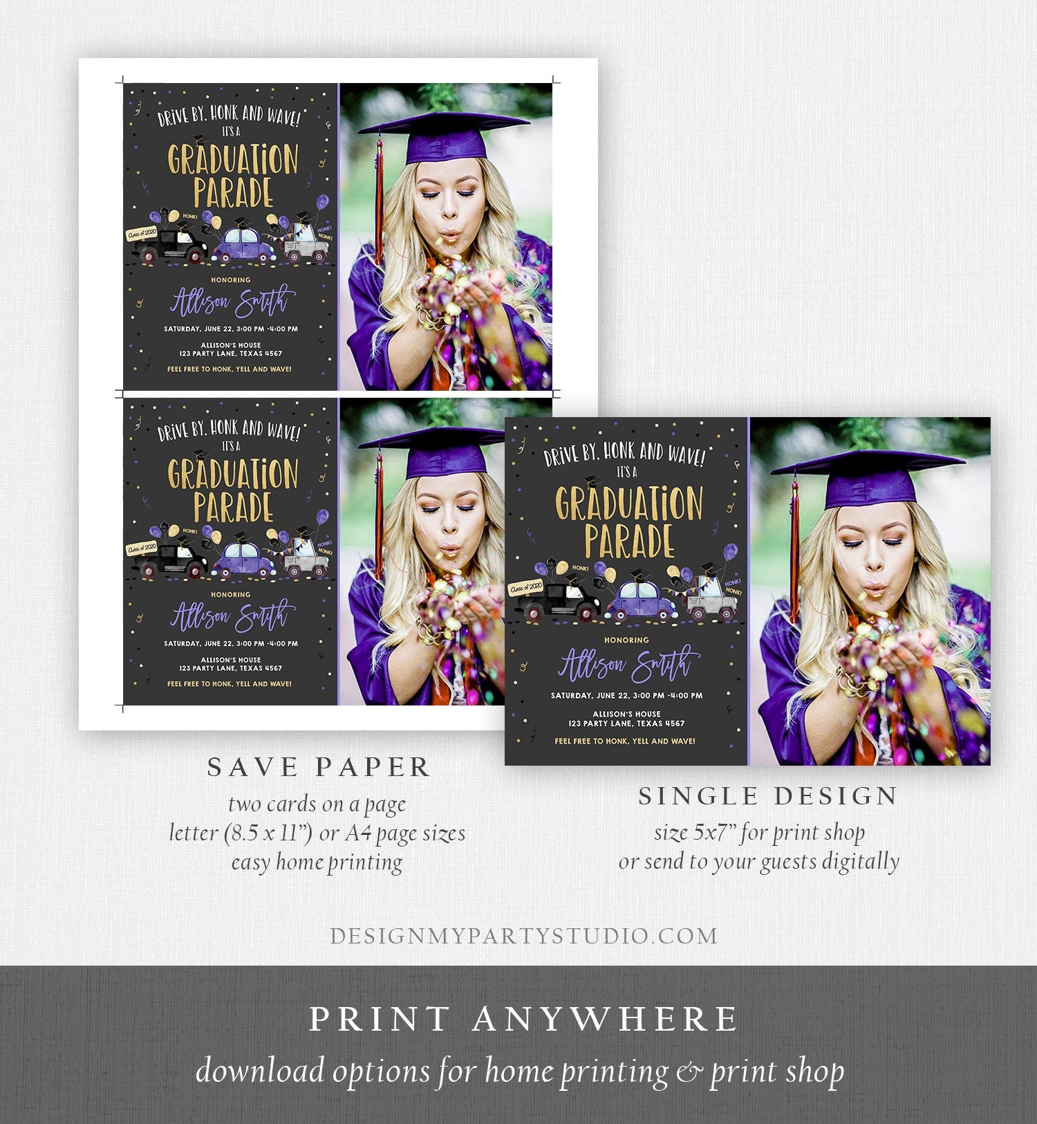 Editable Drive By Graduation Parade Invitation Virtual Party Blue Girl Graduate High School Grad Class 2021 Quarantine Digital Corjl 0337