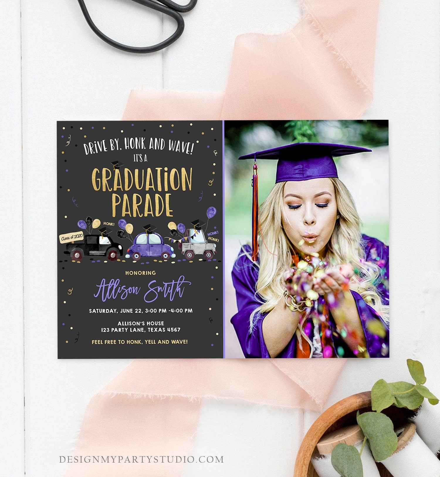 Editable Drive By Graduation Parade Invitation Virtual Party Blue Girl Graduate High School Grad Class 2021 Quarantine Digital Corjl 0337