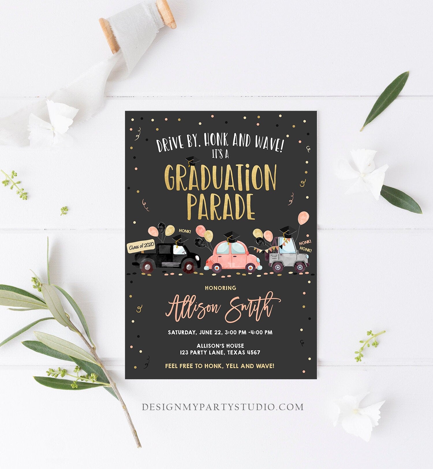 Editable Drive By Graduation Parade Invitation Drive Through Coral Girl Graduate High School Grad Class 2021 Quarantine Digital Corjl 0337