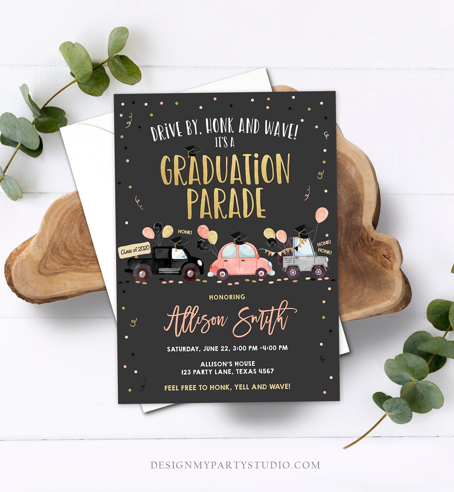 Editable Drive By Graduation Parade Invitation Drive Through Coral Girl Graduate High School Grad Class 2021 Quarantine Digital Corjl 0337