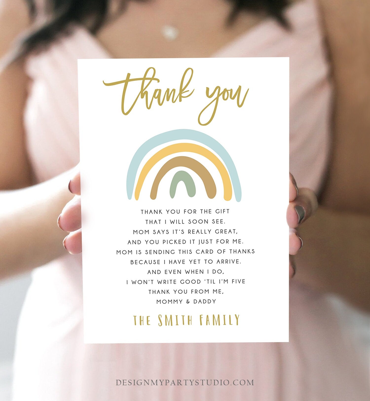 Editable Baby shower Thank you note Rainbow Thank You Rustic Boy Baby Shower Pastel Neutral Birthday Template Instant Download Corjl 0331