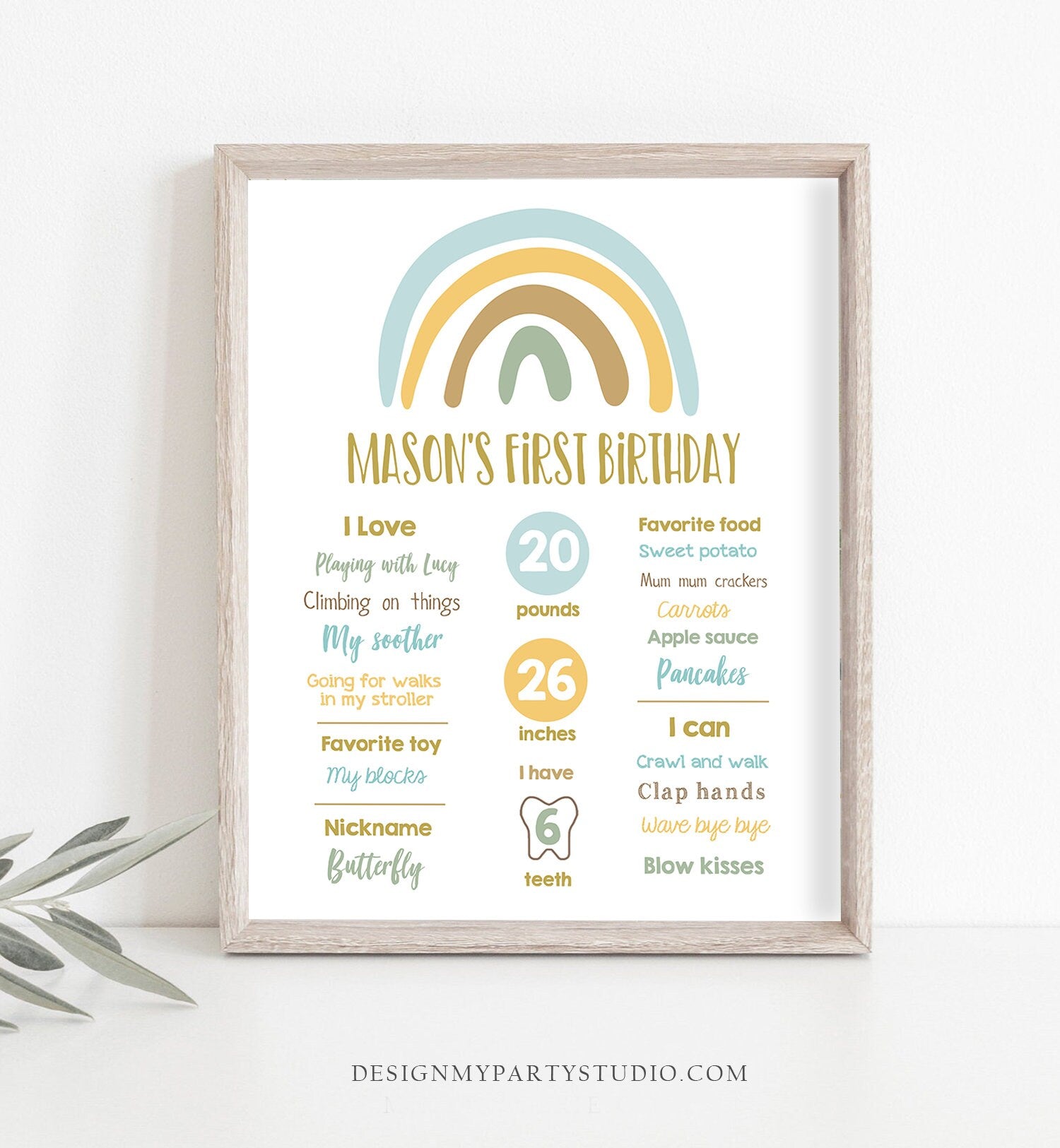 Editable Rainbow Birthday Milestones Sign Boy First Birthday 1st Pastel Infographic Birthday Decor Download Corjl Template Printable 0331