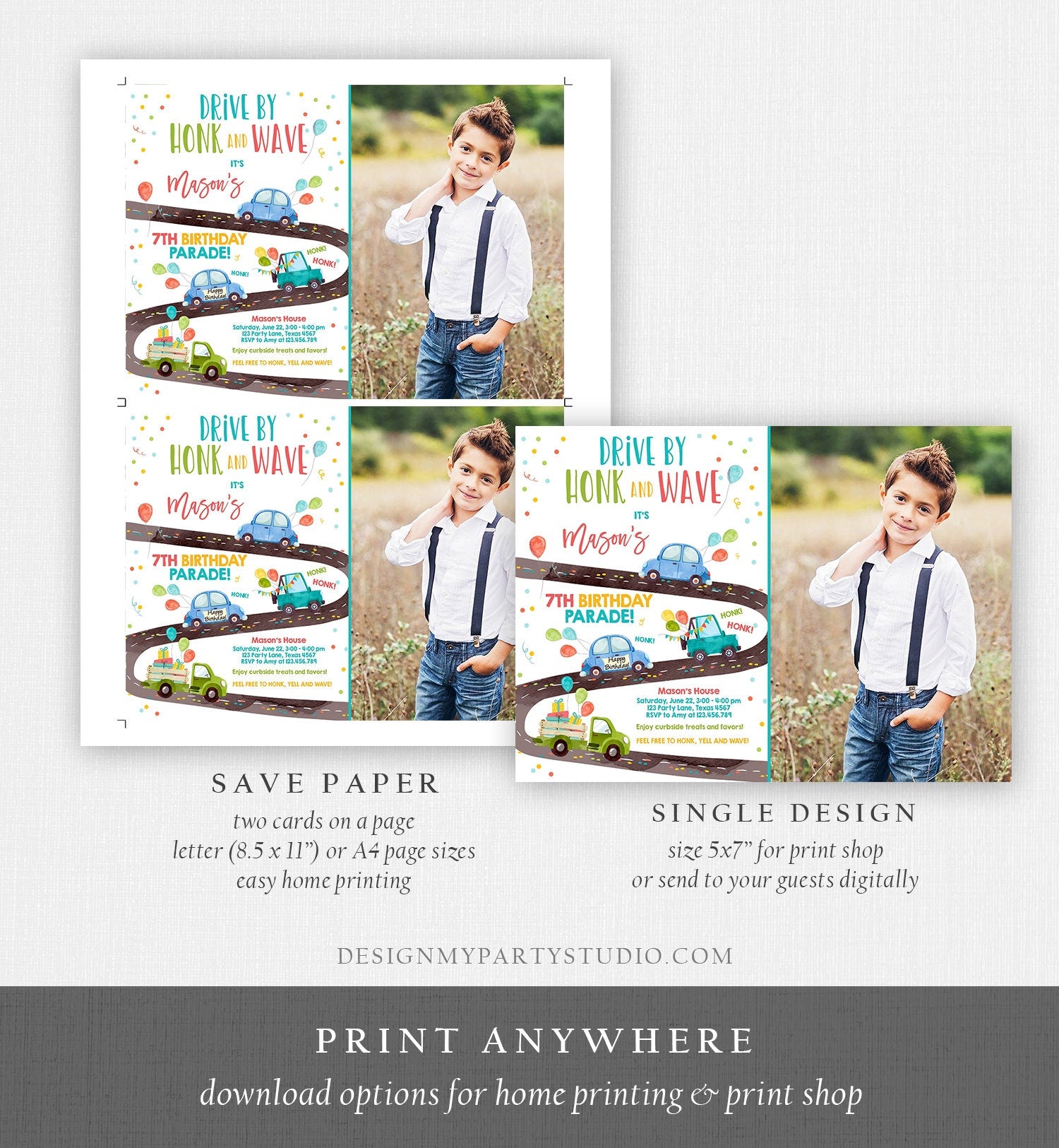 Editable Drive By Birthday Parade Invitation Virtual Party Invite Honk Wave Car Boy Blue Quarantine Instant Download Digital Corjl 0333