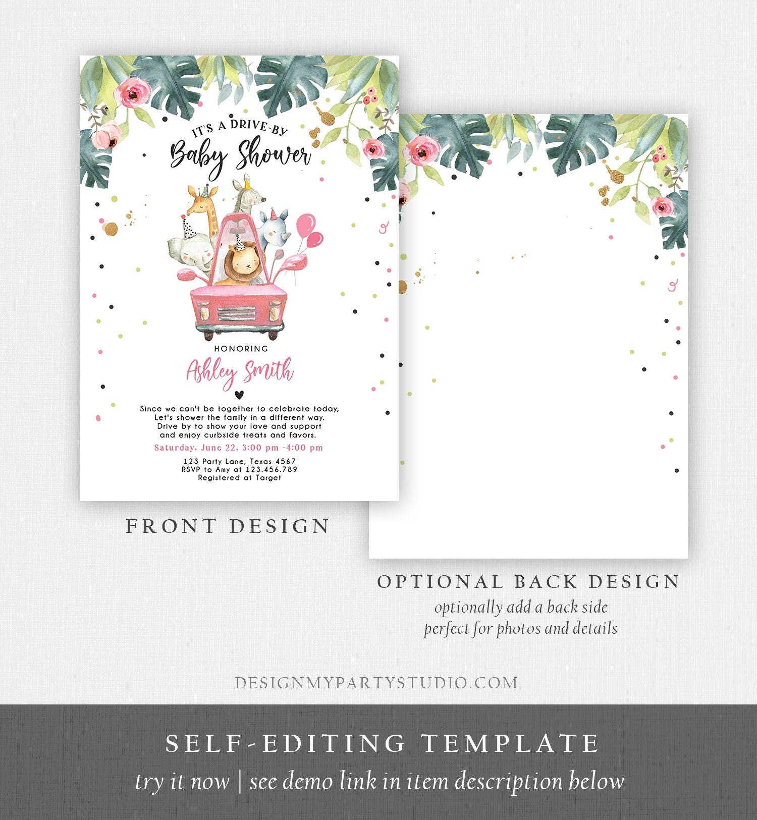 Editable Drive By Baby Shower Invitation Safari Animals Coed Shower Drive Through Quarantine Pink Girl Gold Template Download Corjl 0345