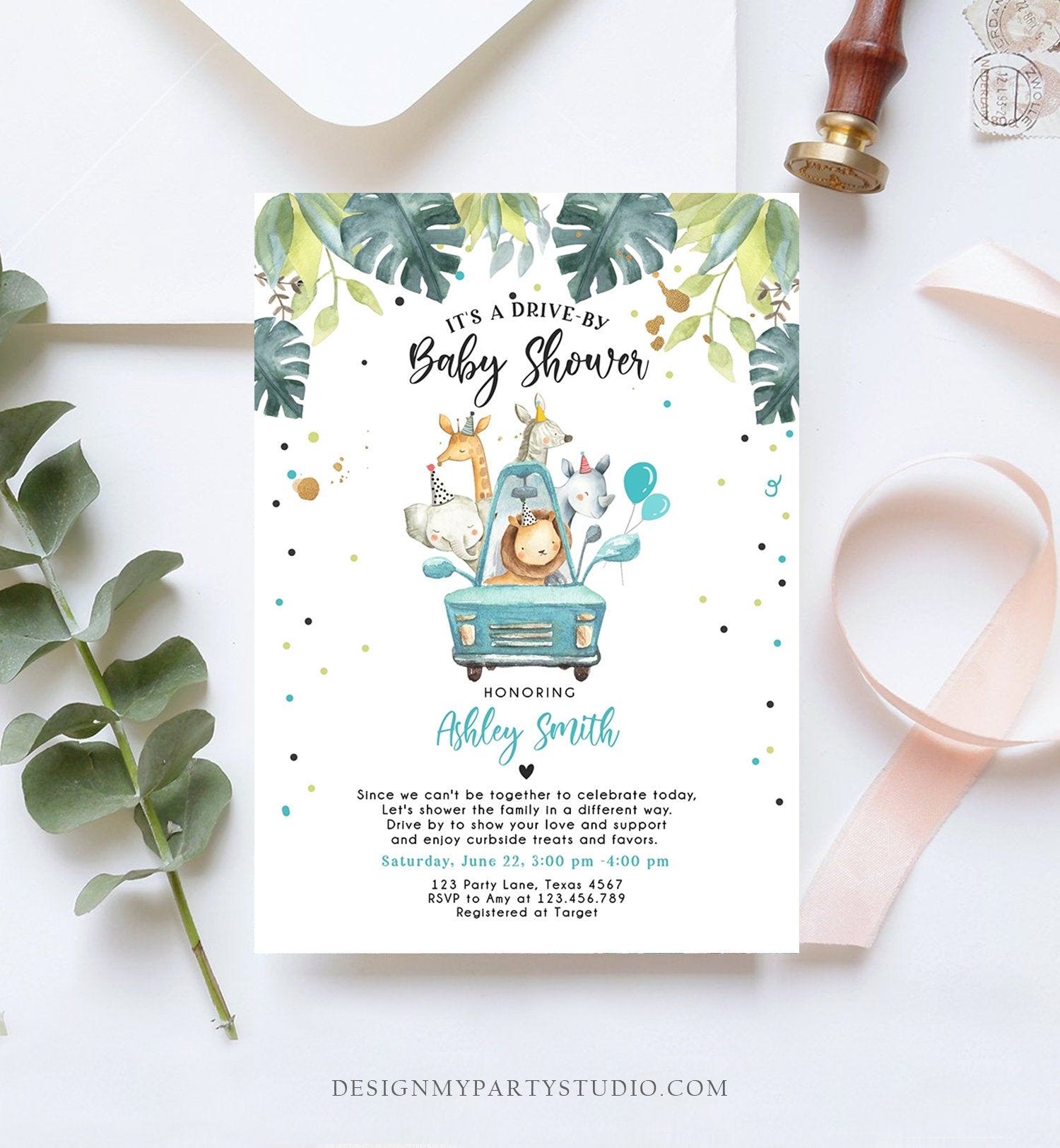 Editable Drive By Baby Shower Invitation Safari Animals Coed Shower Drive Through Quarantine Blue Boy Sprinkle Template Download Corjl 0163