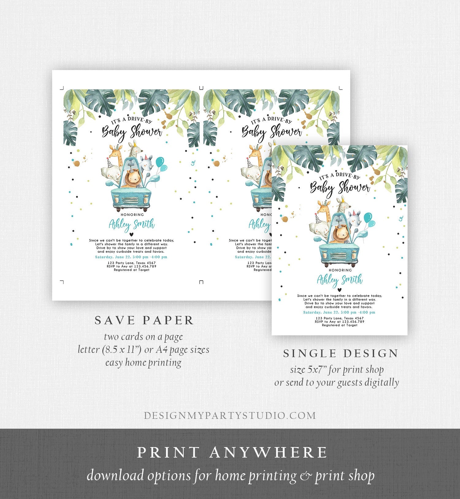 Editable Drive By Baby Shower Invitation Safari Animals Coed Shower Drive Through Quarantine Blue Boy Sprinkle Template Download Corjl 0163