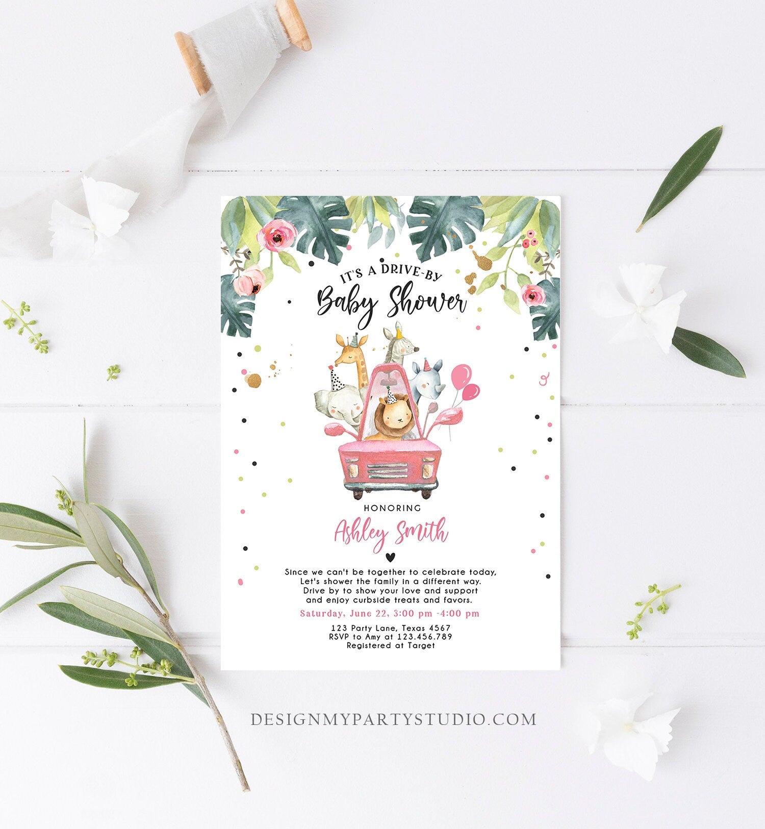 Editable Drive By Baby Shower Invitation Safari Animals Coed Shower Drive Through Quarantine Pink Girl Gold Template Download Corjl 0345