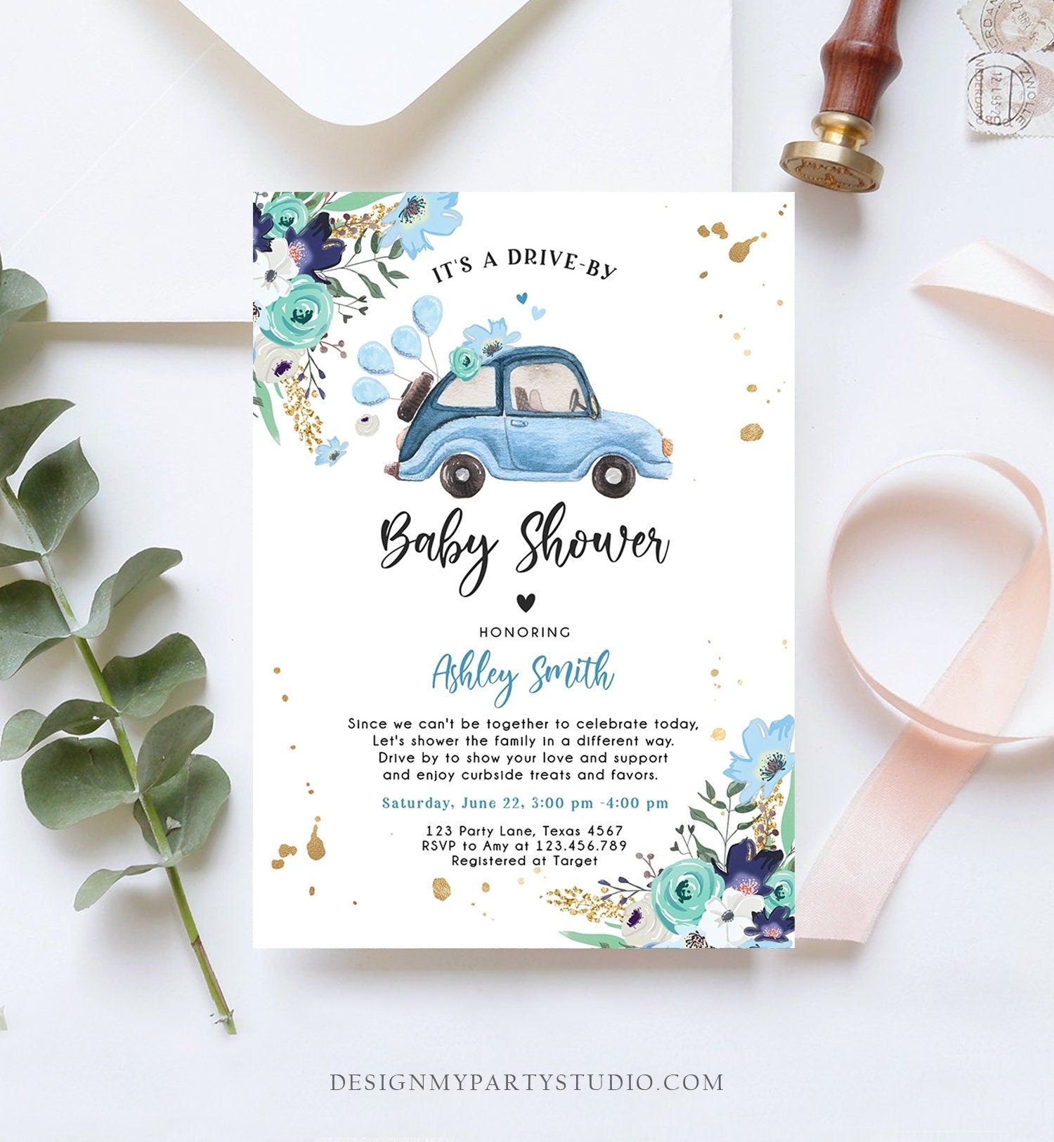 Editable Drive By Baby Shower Invitation Blue Girl Boy Baby Shower Invite Quarantine Drive Through Floral Sprinkle Corjl Template 0335